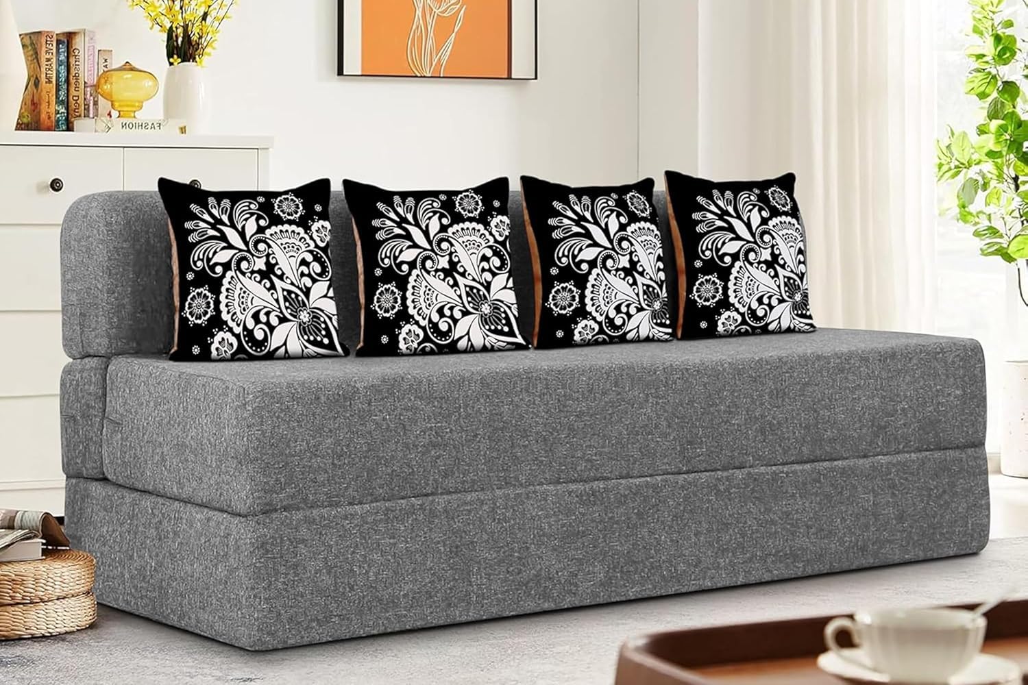 Rosebell 3 Seater Sofa Cum Bed | Jute Fabric Washable Cover | With Three Printed Cushions Perfect For Guest | Grey | 6 X 6 Fee