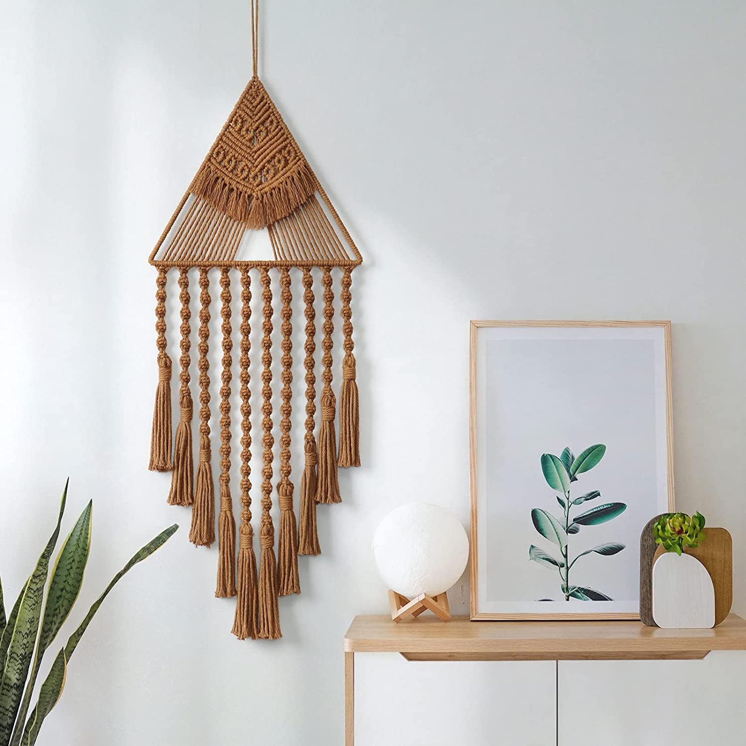 Kaahira Cotton Handmade Macrame Boho Wall Hanging Dream Catcher Triangle Tassel | Bohemian Wall Art Home Decor - Brown