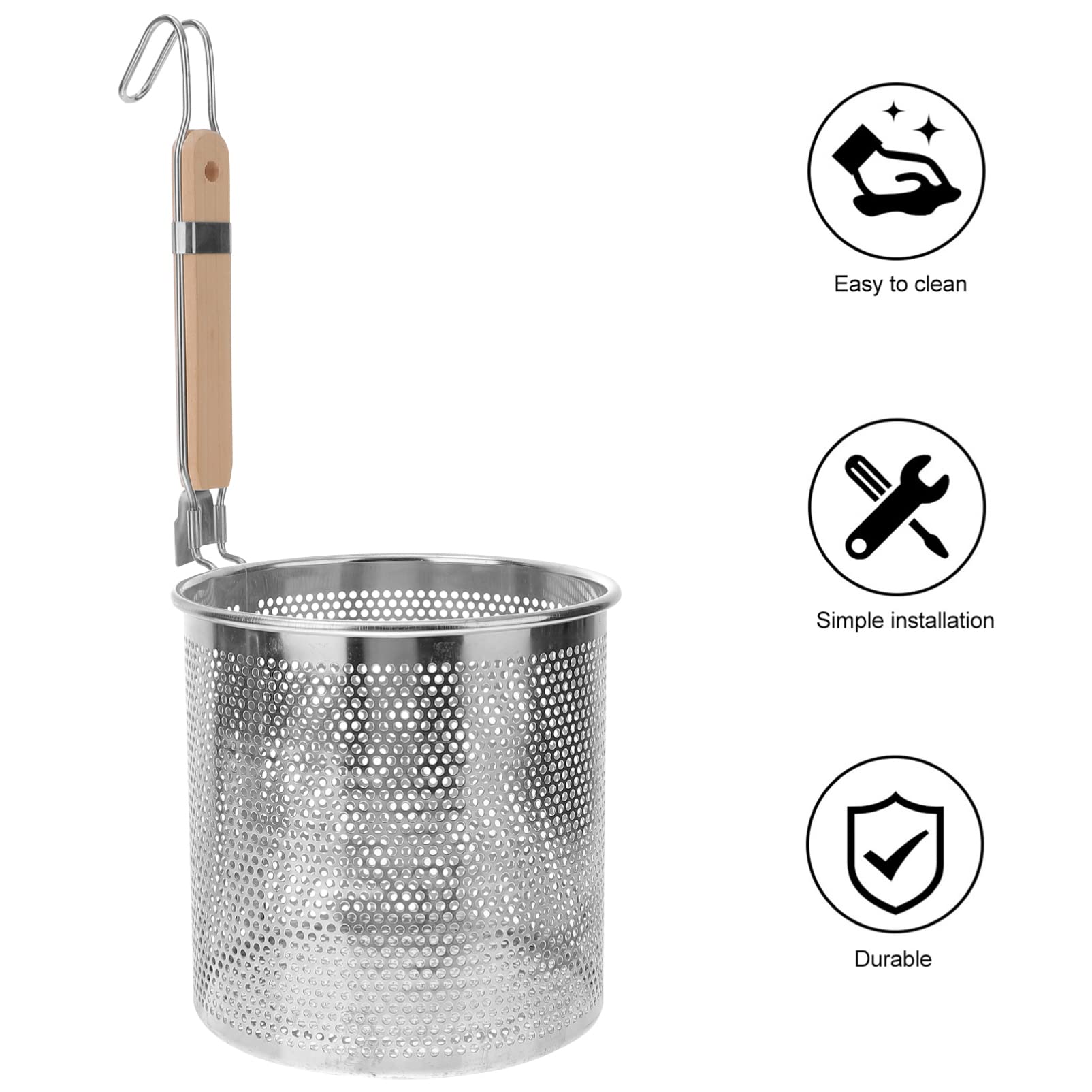 Angoily Mesh Pasta Basket Food Strainer Hot Pot Colander With Round Wooden Handle Stainless Steel Mesh Spider Strainer For Pasta