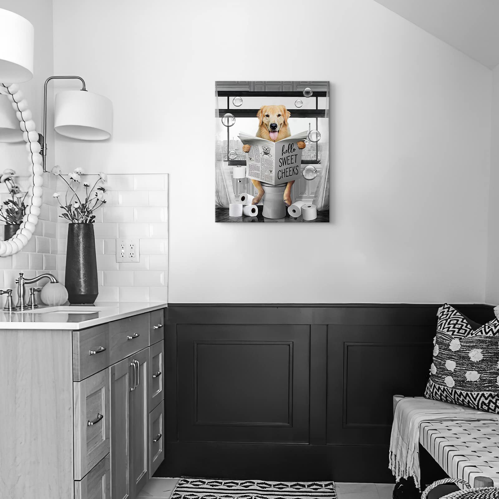 Funny Golden Retriever Wall Art Black And White Dog Bathroom Print Farmhouse Bathroom Animals Wall Decor Dog Sitting In Toilet R