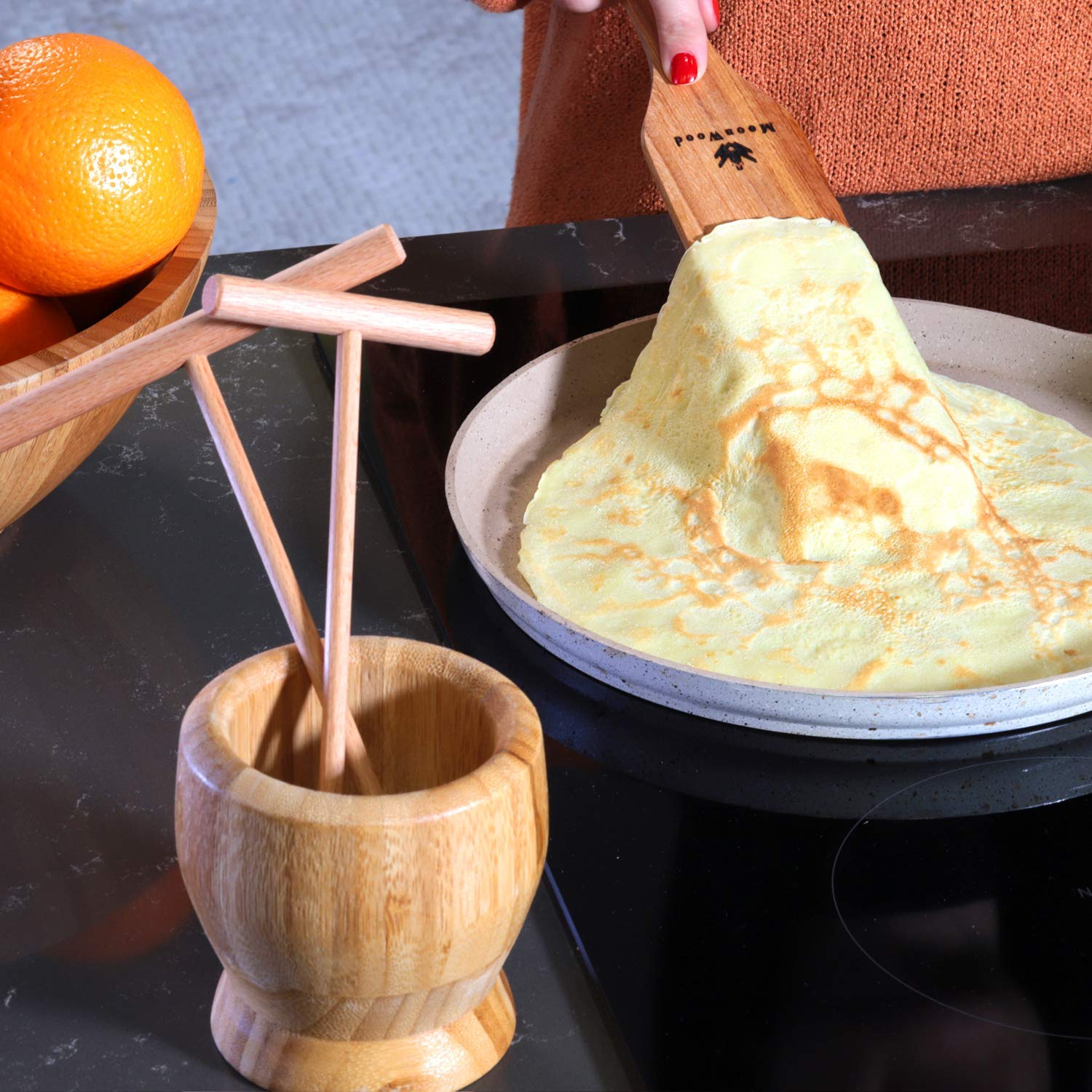 Crepe Spreader And Spatula Kit - 4 Pcs (3.5, 5, 7 Tools Set, 12 Inch Crepe Spatula Turner) T-Shaped Batter Pancake Tool, Natural