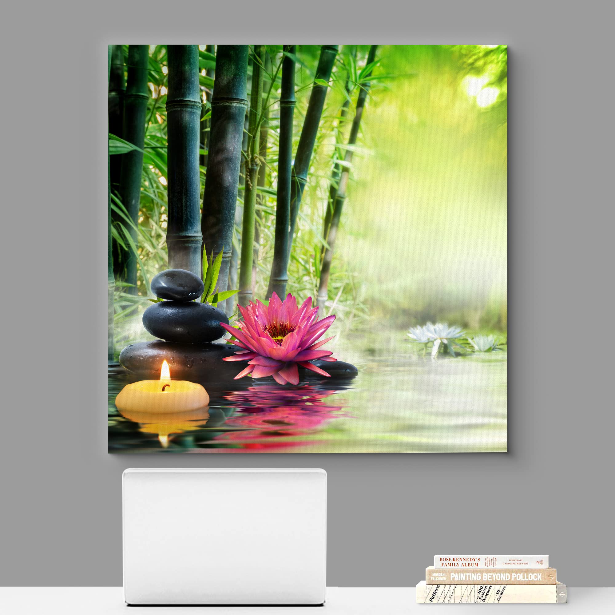 Wall26 Canvas Print Wall Art Water Lily, Zen Stones, Candle & Bamboo Forest Floral Nature Digital Art Modern Art Rustic Scenic R