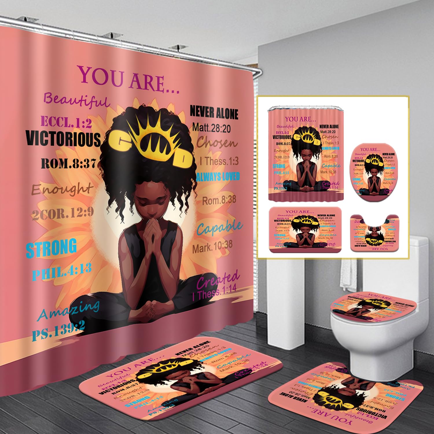 Omebero 4Pcs Romantic Sunflower Black Girl Bathroom Shower Curtain Sets With Rugs, African American Praying Girl Shower Curtain