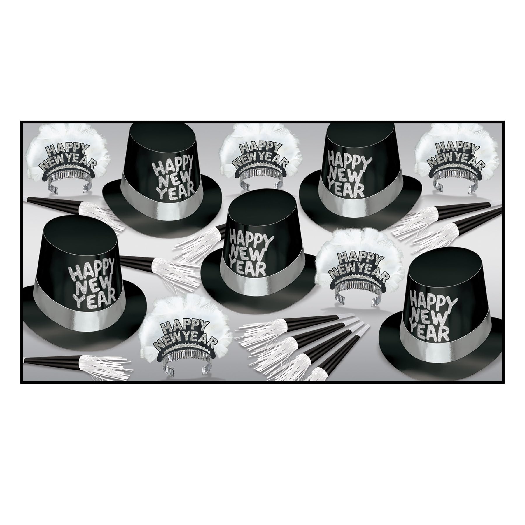 Beistle Tuxedo-Nite New Years Eve Party Assortment for 10 People- NYE Glittered Top Hats, Feathered Tiaras, Tassel Horns, Made i