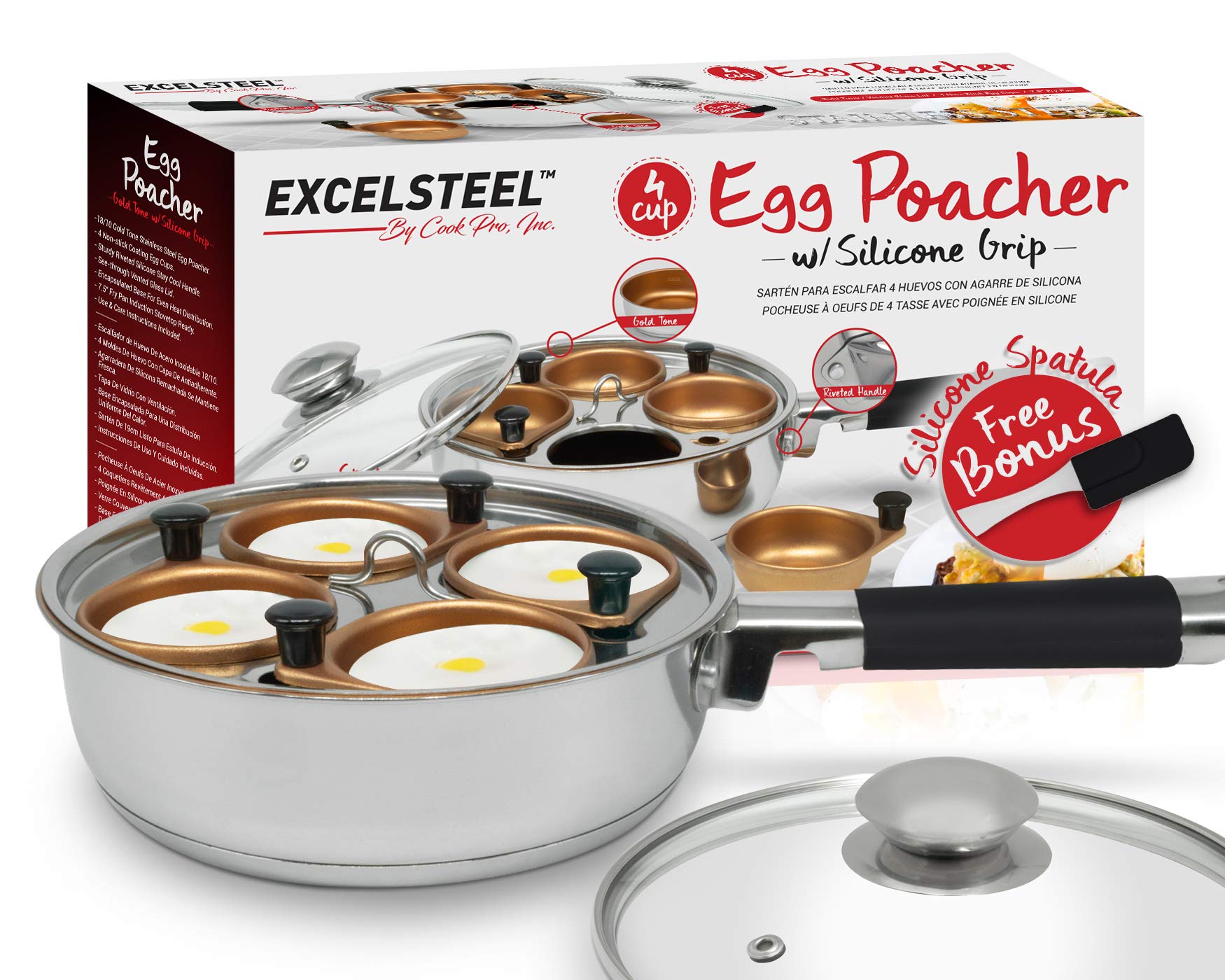 Excelsteel Non Stick Easy Use Rust Resistant Home Kitchen Breakfast Brunch Induction Cooktop Egg Poacher, 4 Cup, Gold Tone