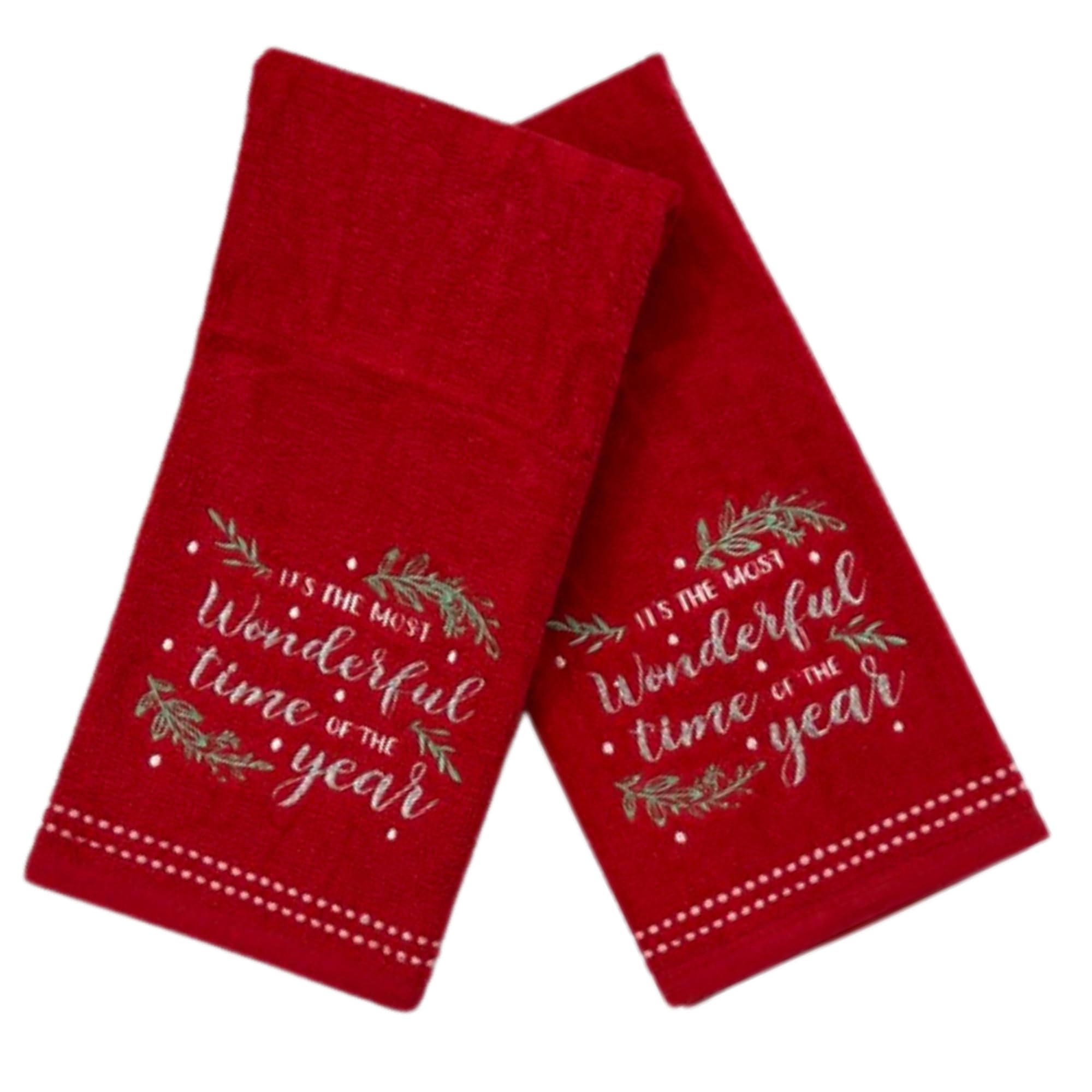 Christmas Bath Hand Towels, 16 X 25 Inches, 100% Cotton, Set Of 2, Red With Embroidered 'It'S The Most Wonderful Time Of The Yea