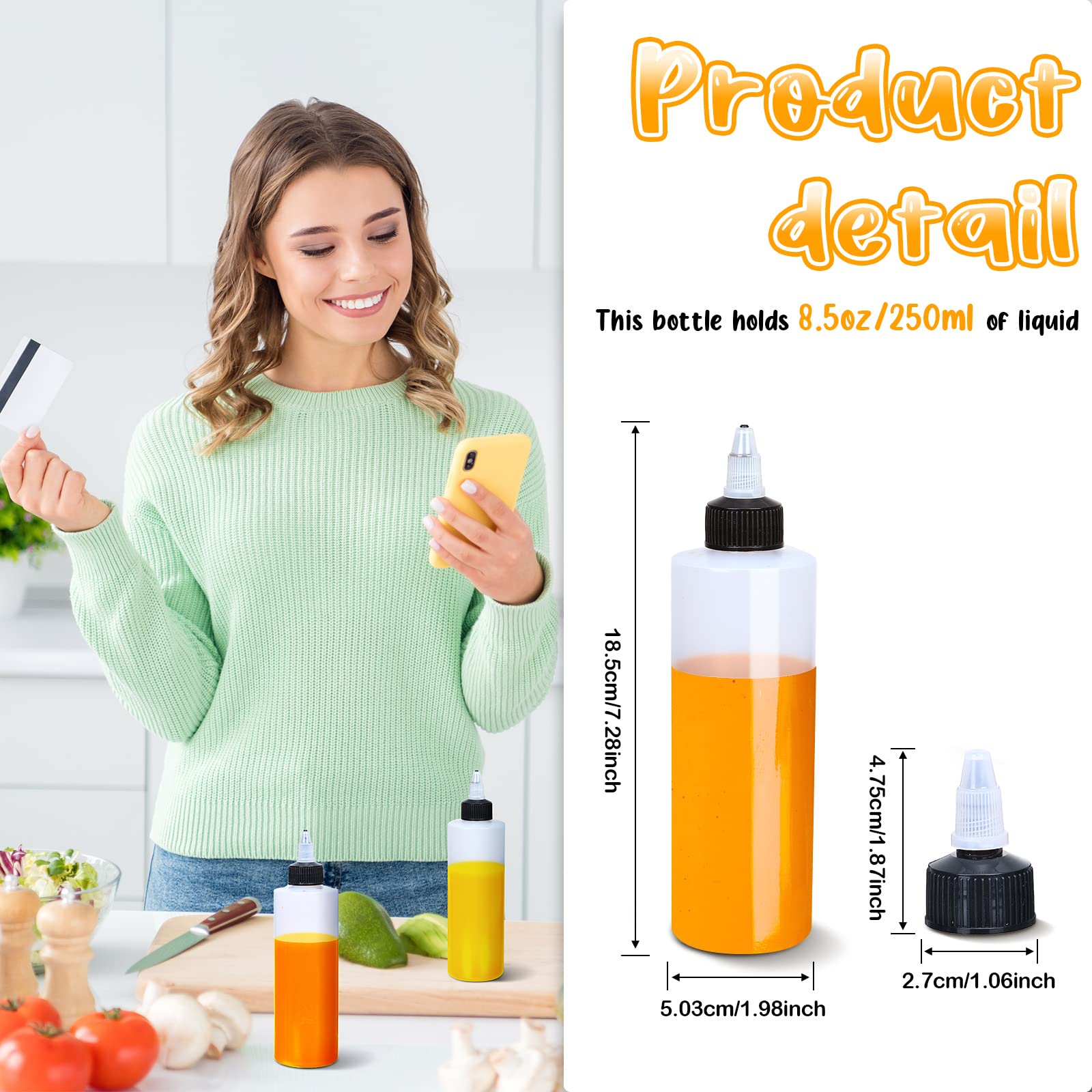 Eccliy 50 Pack 8.5 Oz Plastic Squeeze Condiment Bottles With Twist On Cap Lids, Sauce Squeeze Bottle Multipurpose Squirt Bottles