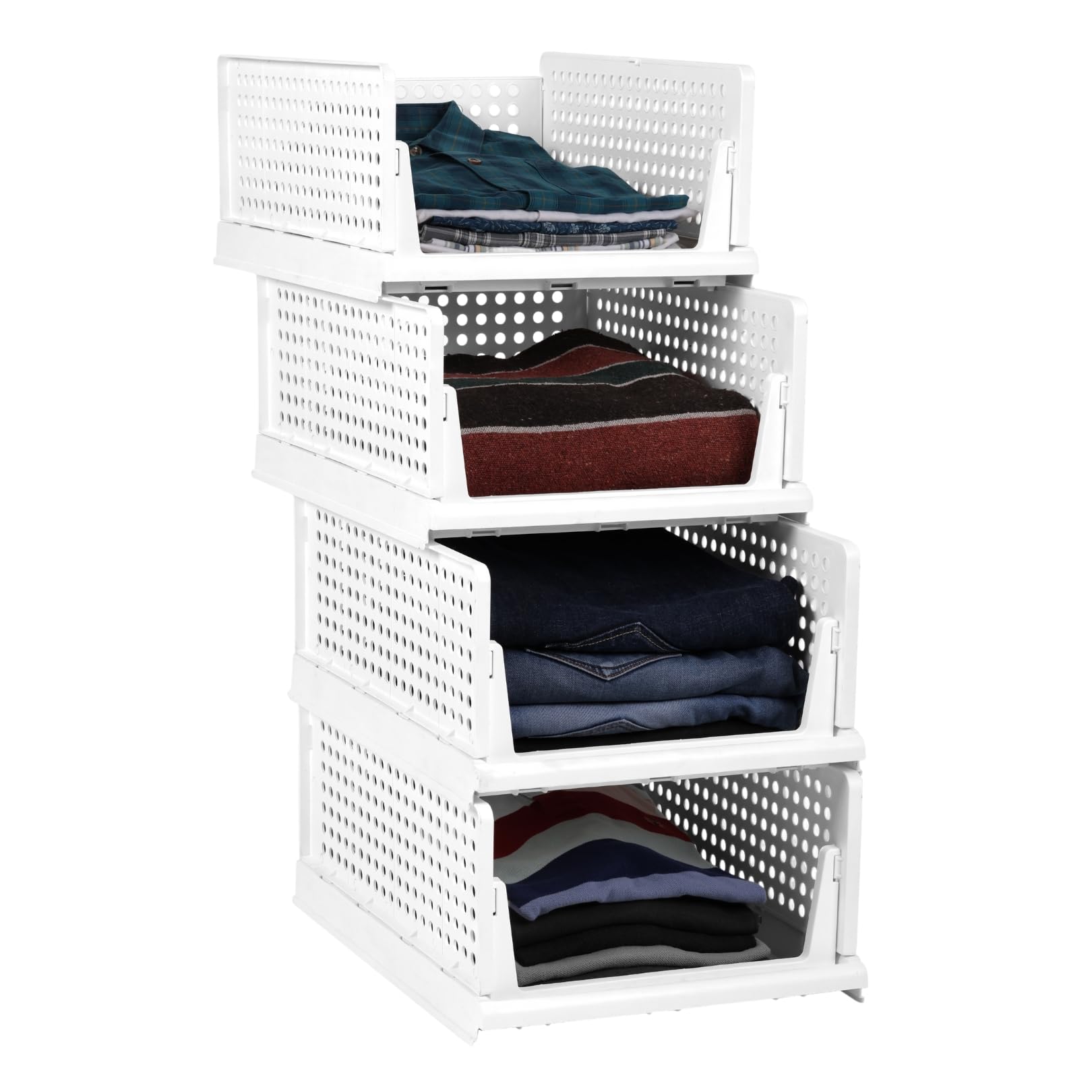 Fregi Stackable Closet Storage Organiser Bins, Perforated Plastic Shelves, Clothes, Jeans, Shirts And Wardrobe Storage System (4