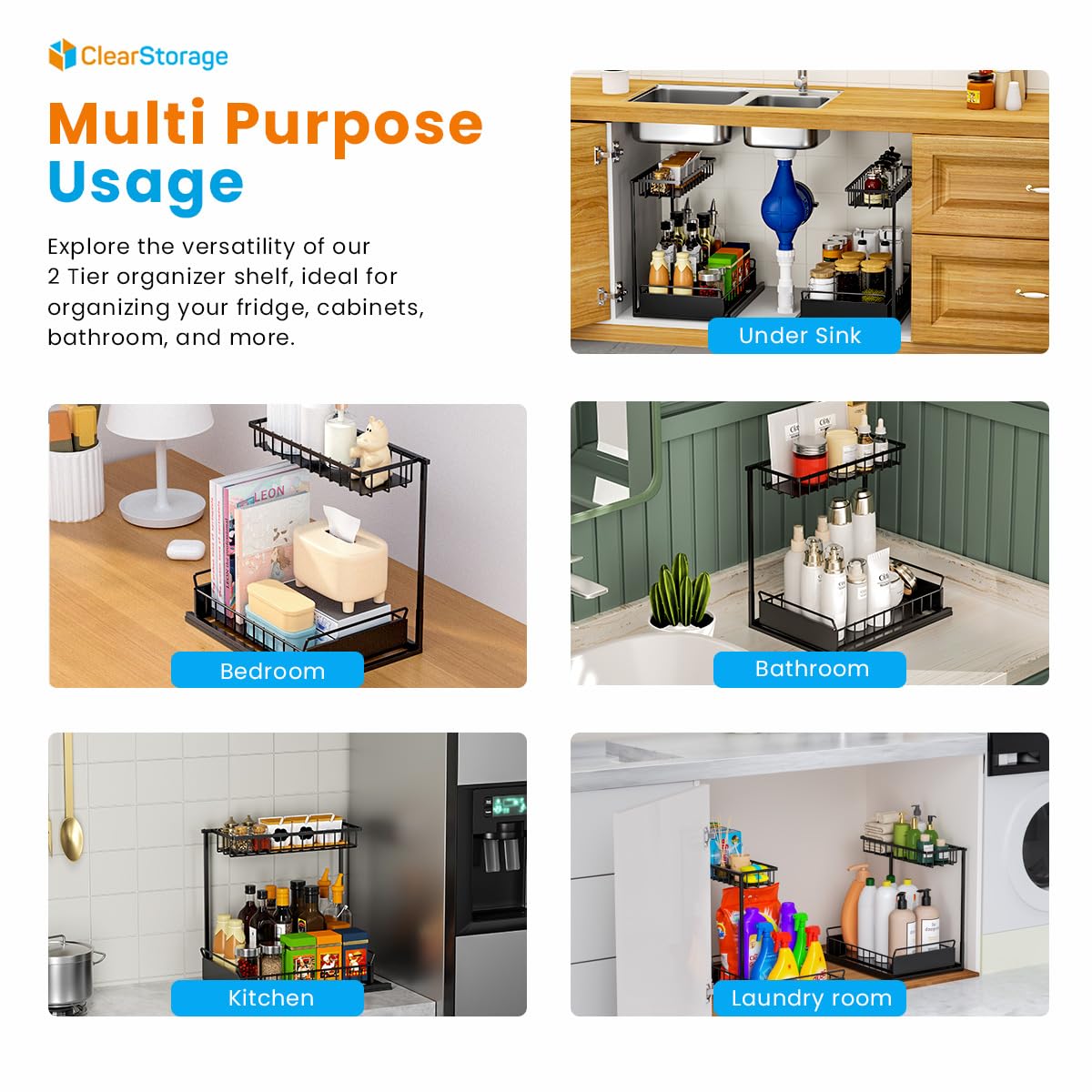 Under Sink Organizers And Storage, 2 Tier, L Shaped, Pull Out Sliding, Adjustable Under Sink Organizer For Kitchen Bathroom Cabi