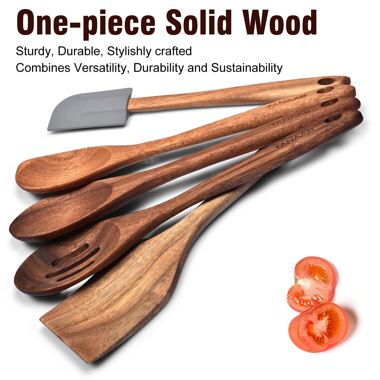 Tanaab Wooden Spoons Kitchen Utensils Set For Cooking Baking, Natural Wood Slotted Spoon Solid Corner Spoon Turner Silicone Spat