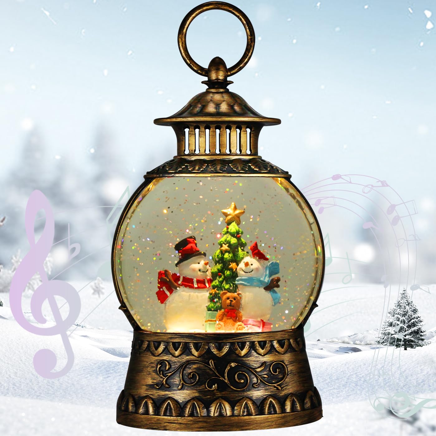 Christmas Snowman Snow Globe, Snowman Musical Snow Globe Lantern Lights with 6H Timer Battery & USB Powered, Retro Style Holiday