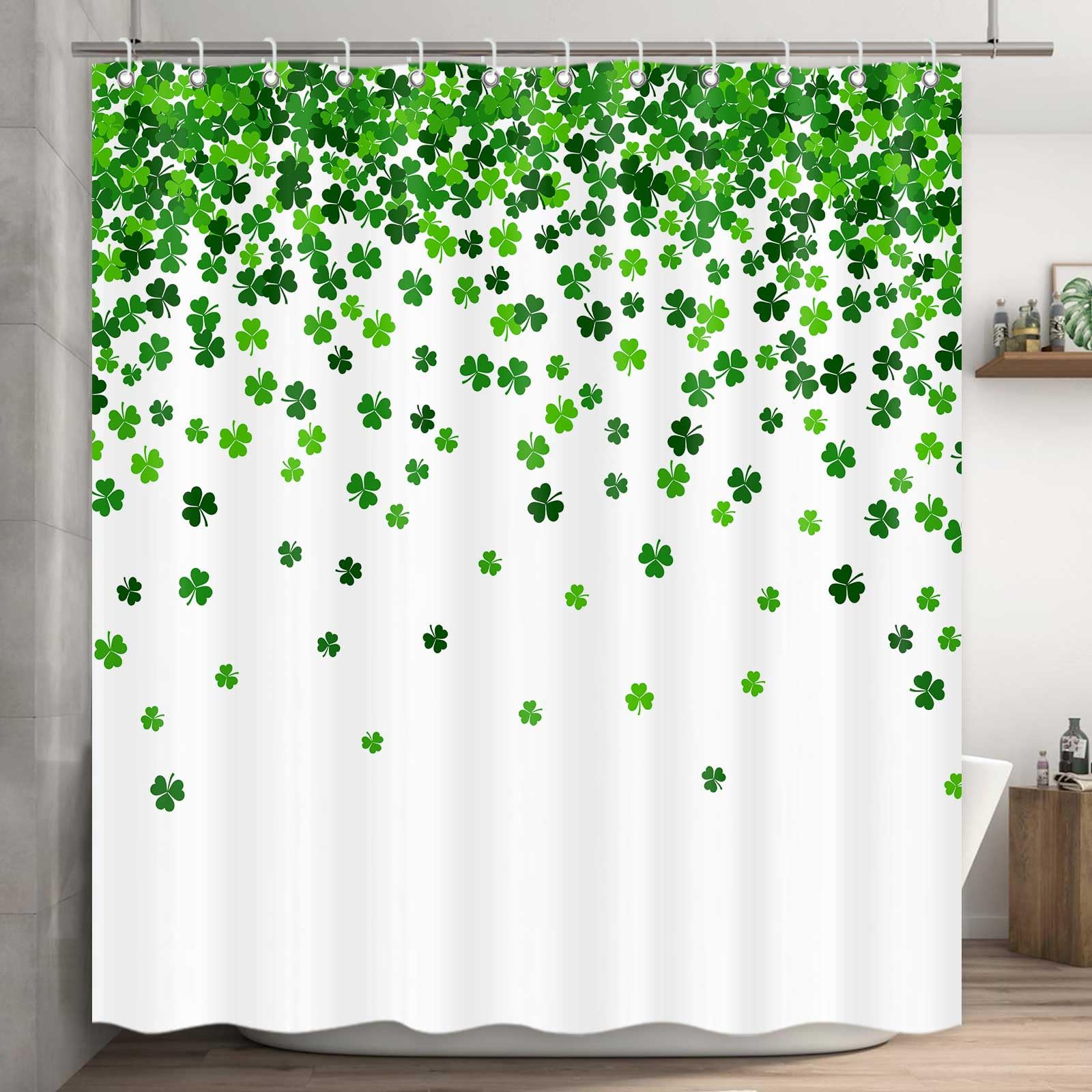 Icteisom St. Patrick'S Day Shower Curtain, Green Clover Shamrock Leaf Decor Fabric Shower Curtains, Irish Green White Bathroom S