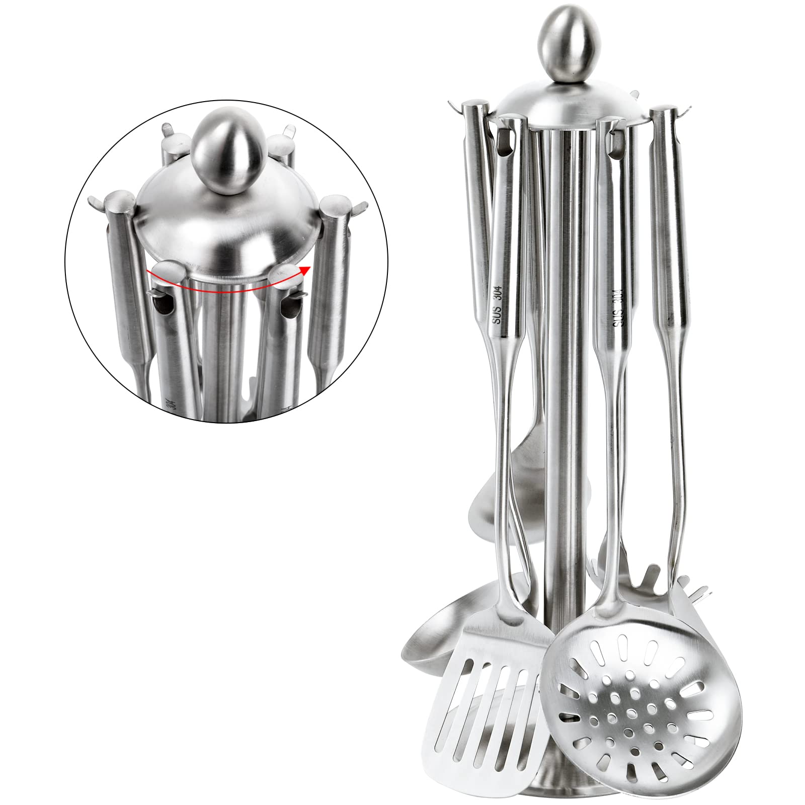 Peohud Set Of 7 Kitchen Utensil Set, 304 Stainless Steel Cooking Tools, Cookware Set With Rotating Holder, Slotted Spoon, Slotte