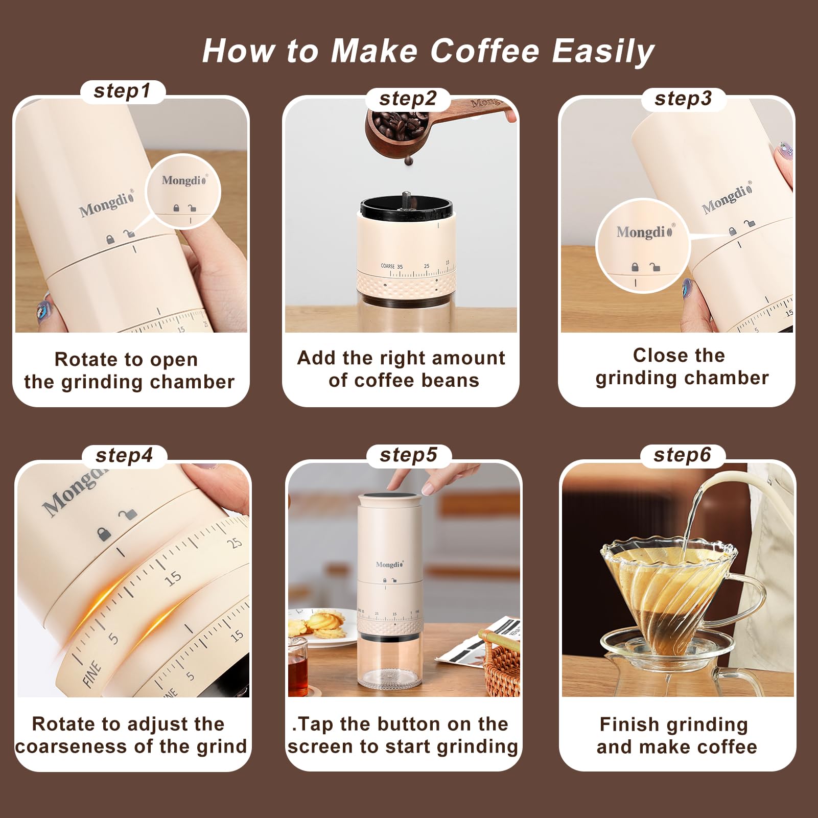 Mongdio Portable Electric Burr Coffee Grinder With 38 Adjustable Settings, Conical Burr Coffee Grinder With Led Display, Usb Cha