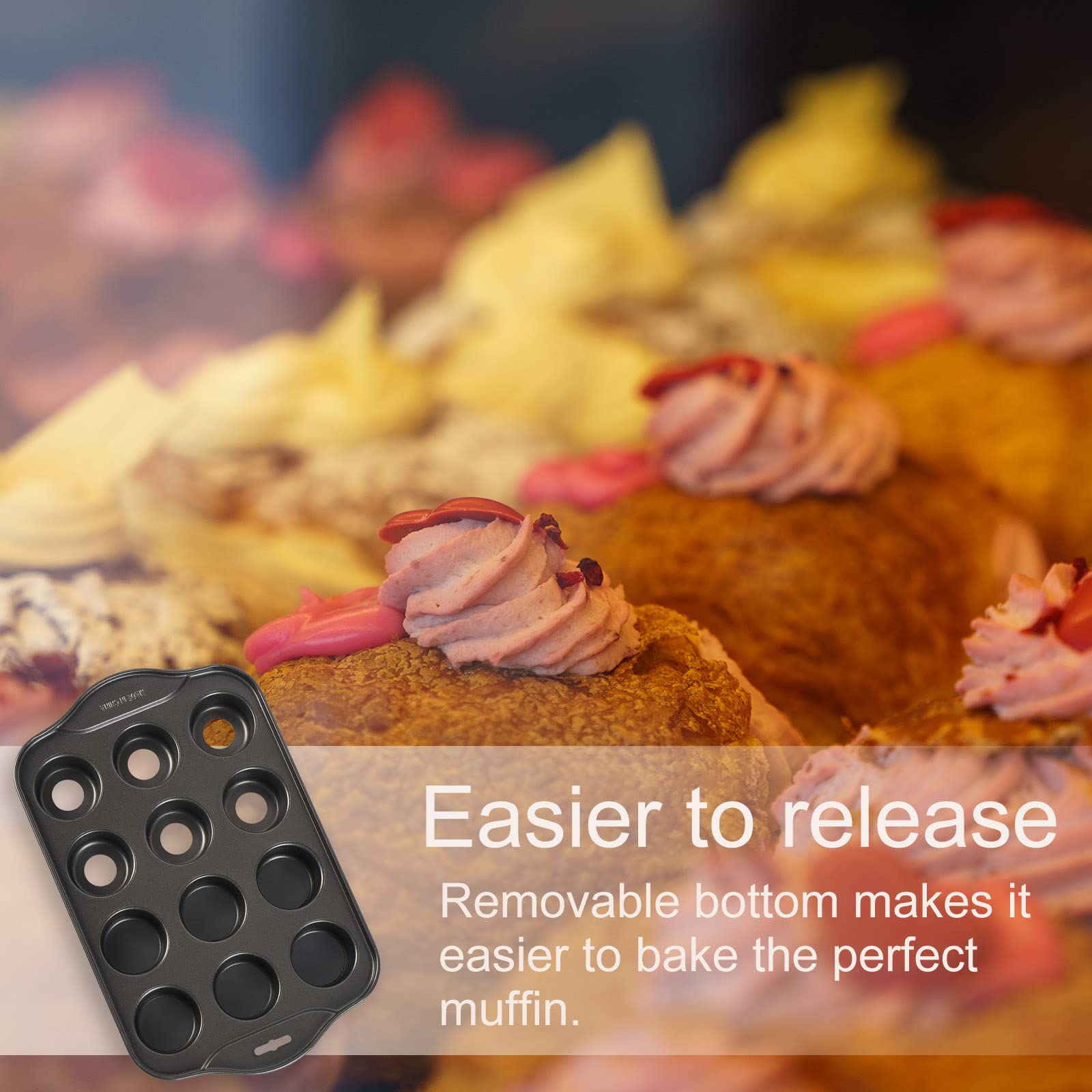 Kazozobi 2 Pack Mini Muffin Cheesecake Pan With Removable Bottom, 12 Cavity Nonstick Cupcake Pan