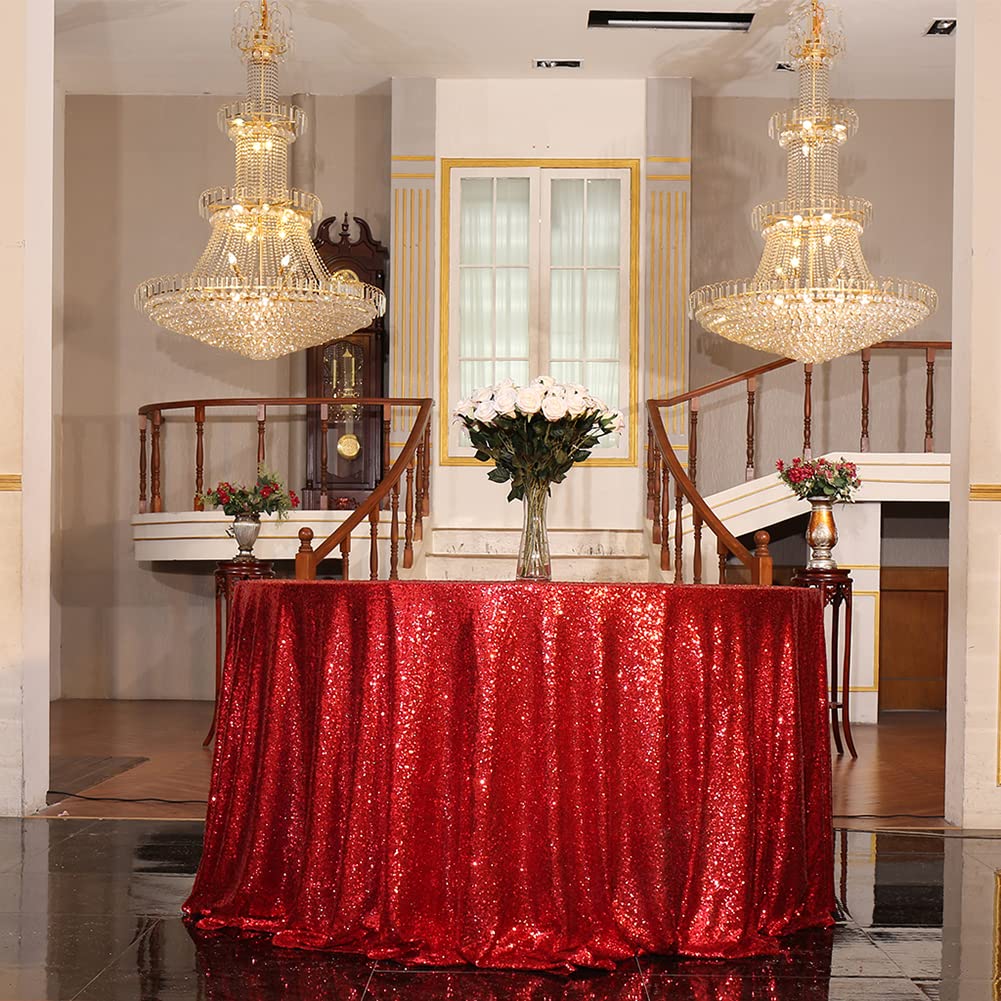 Eternal Beauty Red Round Sequin Tablecloth- Sparkly Sequin Overlay For Wedding Party/Dessert Table/Christmas Decoration(108-Inch