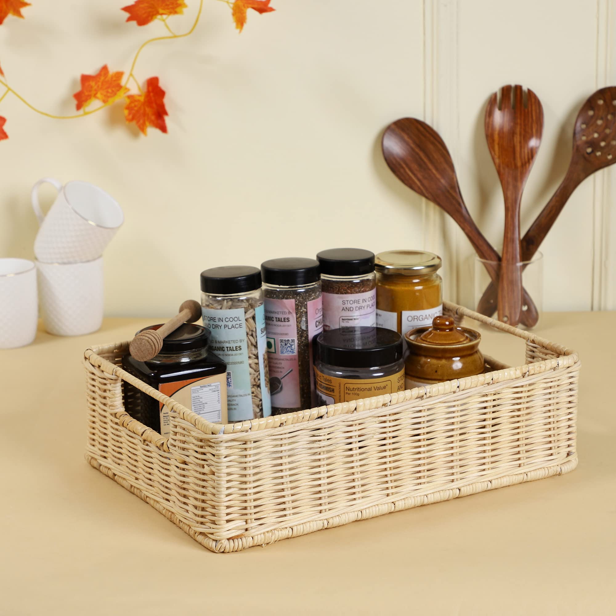 Handmade Rattan Storage Tray For Bathroom & Kitchen Counter | Wicker Vanity Organizer Tray | Natural Cane Home DCor (352510 Cm, 