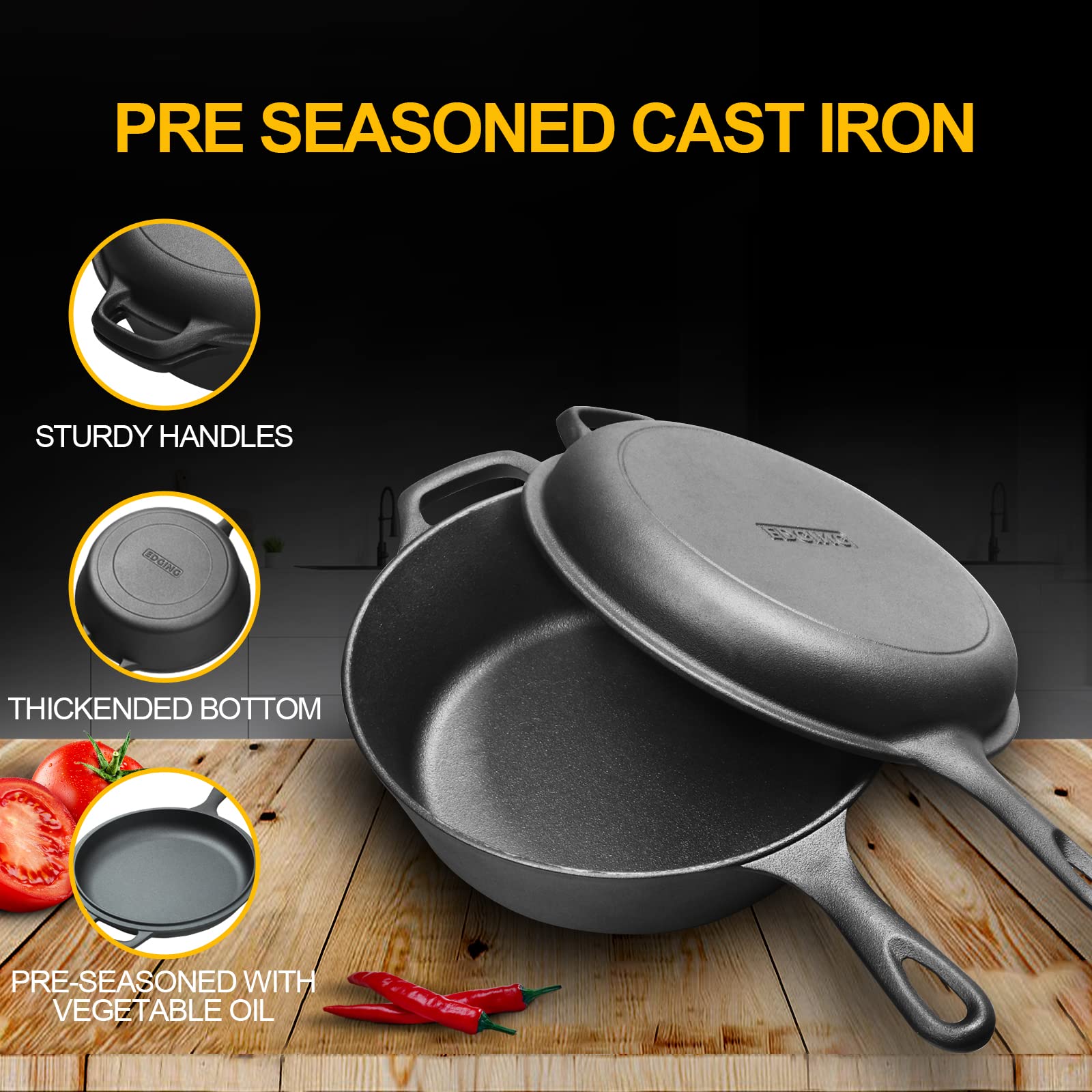 Edging Casting 2-In-1 Pre-Seasoned Cast Iron Dutch Oven Pot With Skillet Lid Set, 10'' Skillet 3Qt Pot For Cooking, Baking, Fryi
