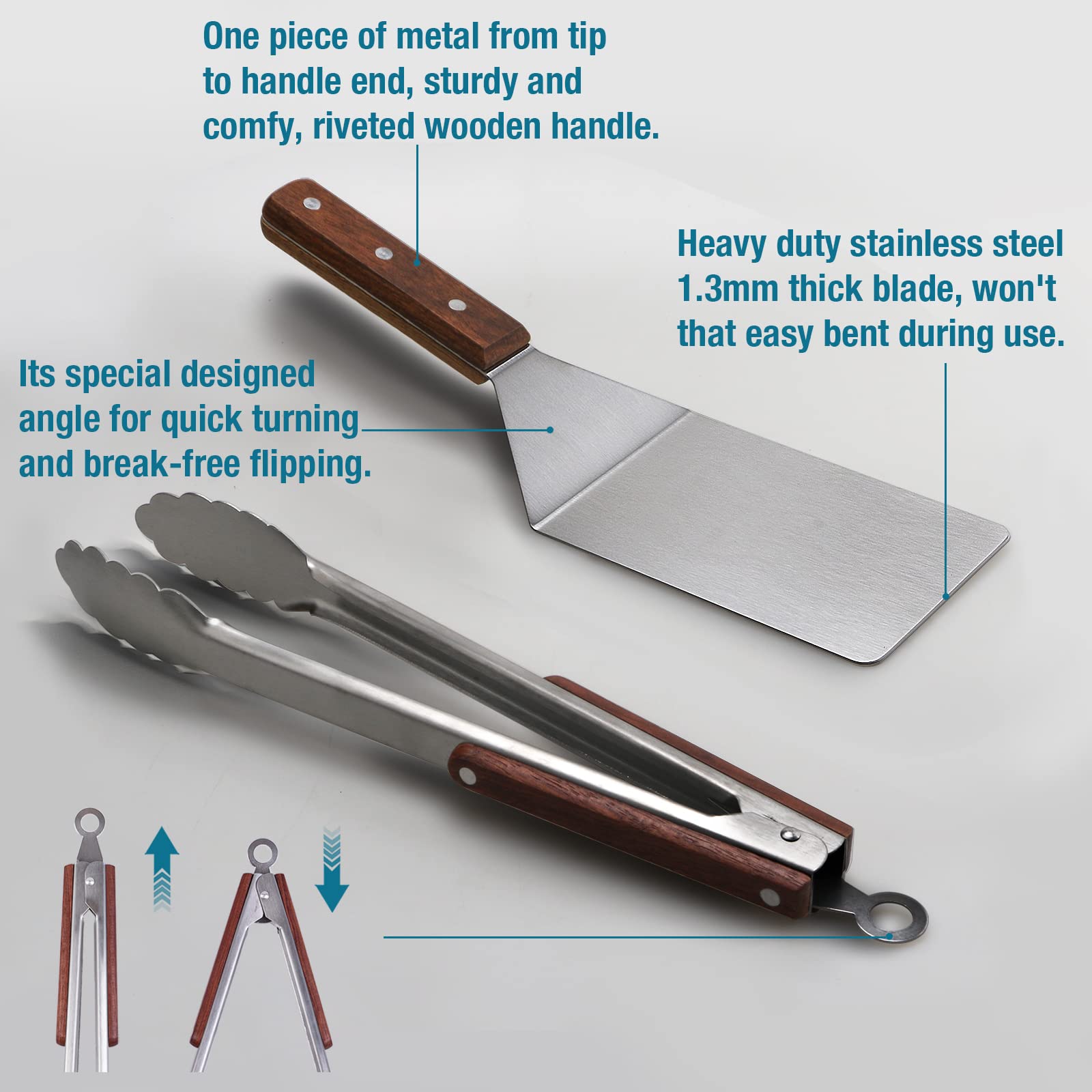 Tongs And Spatula Set Of 3, Heavy Duty Stainless Steel Kitchen Tongs 12''/16'' & Metal Spatula 4 X 5.5 With Wood Handle For Bbq