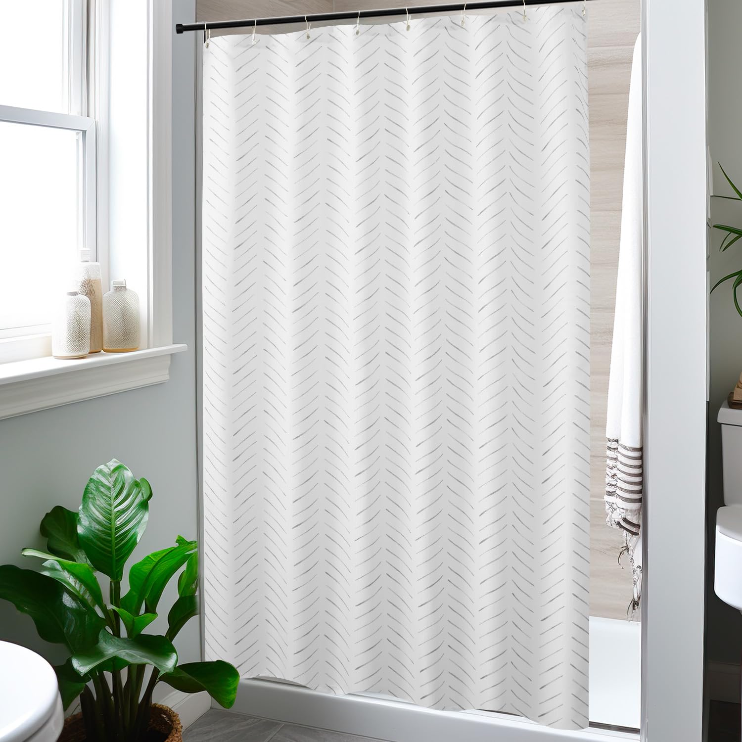 jinchan Fabric Small Stall Shower Curtain 48x72 inches Herringbone Zig Zag Inky Chevron Taupe Grey and White Shower Curtain with