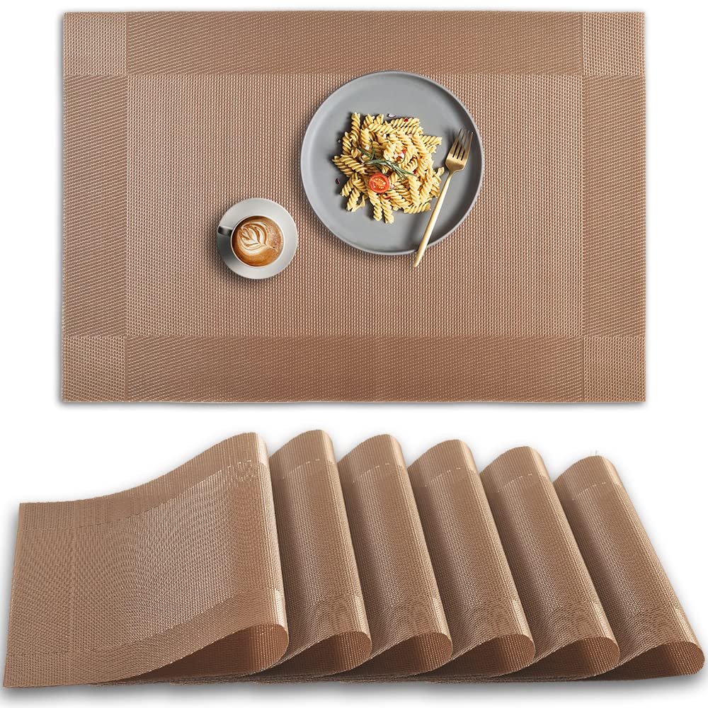 Homedge Placemat, 6 Pcs Of Non-Slip Heat Resistant Pvc Place Mats, Washable Vinyl Placemats - Light Brown
