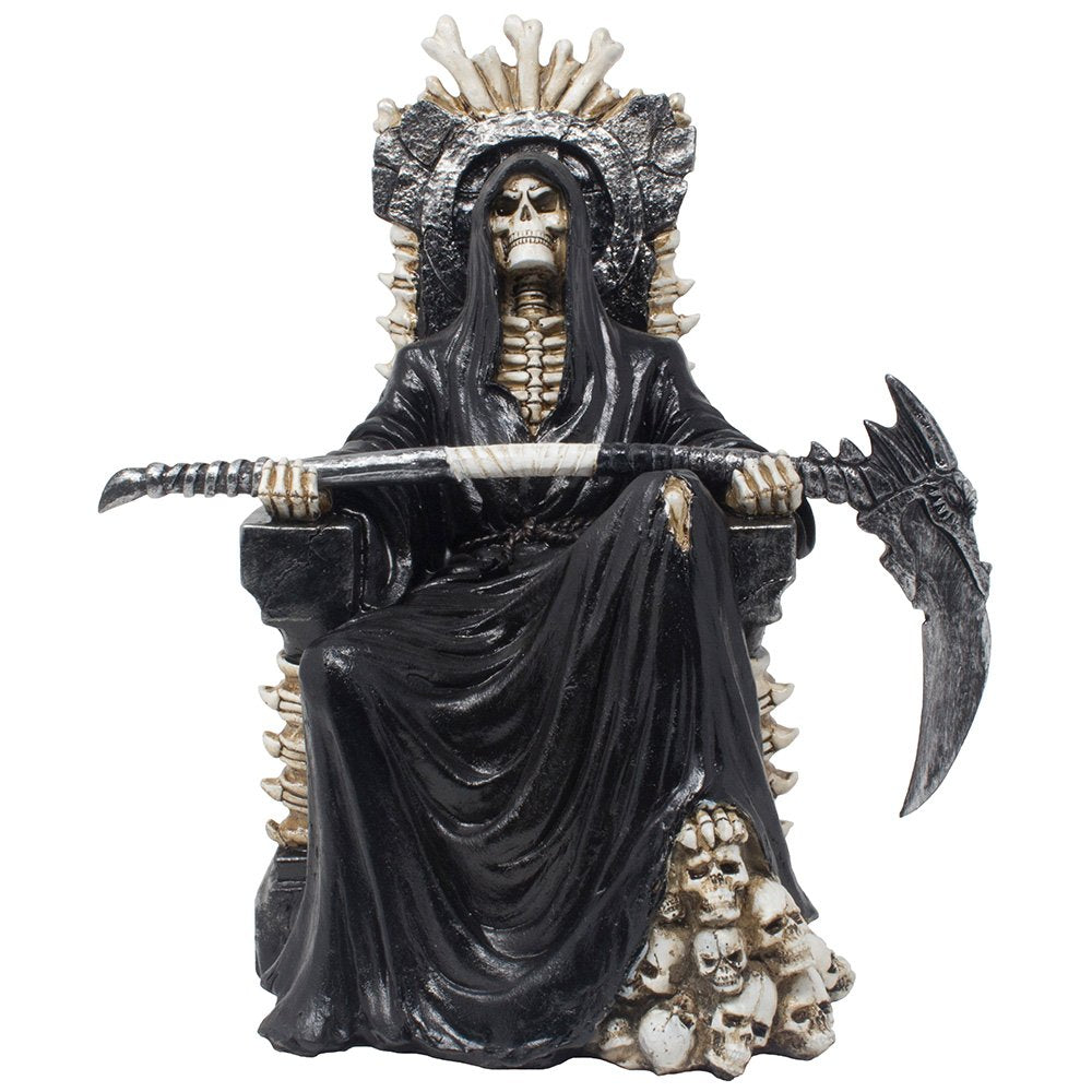 Evil Grim Reaper on Bone Throne Statue with Scythe and Skull Accents for Scary Halloween Decorations or Spooky Gothic Decor Scul