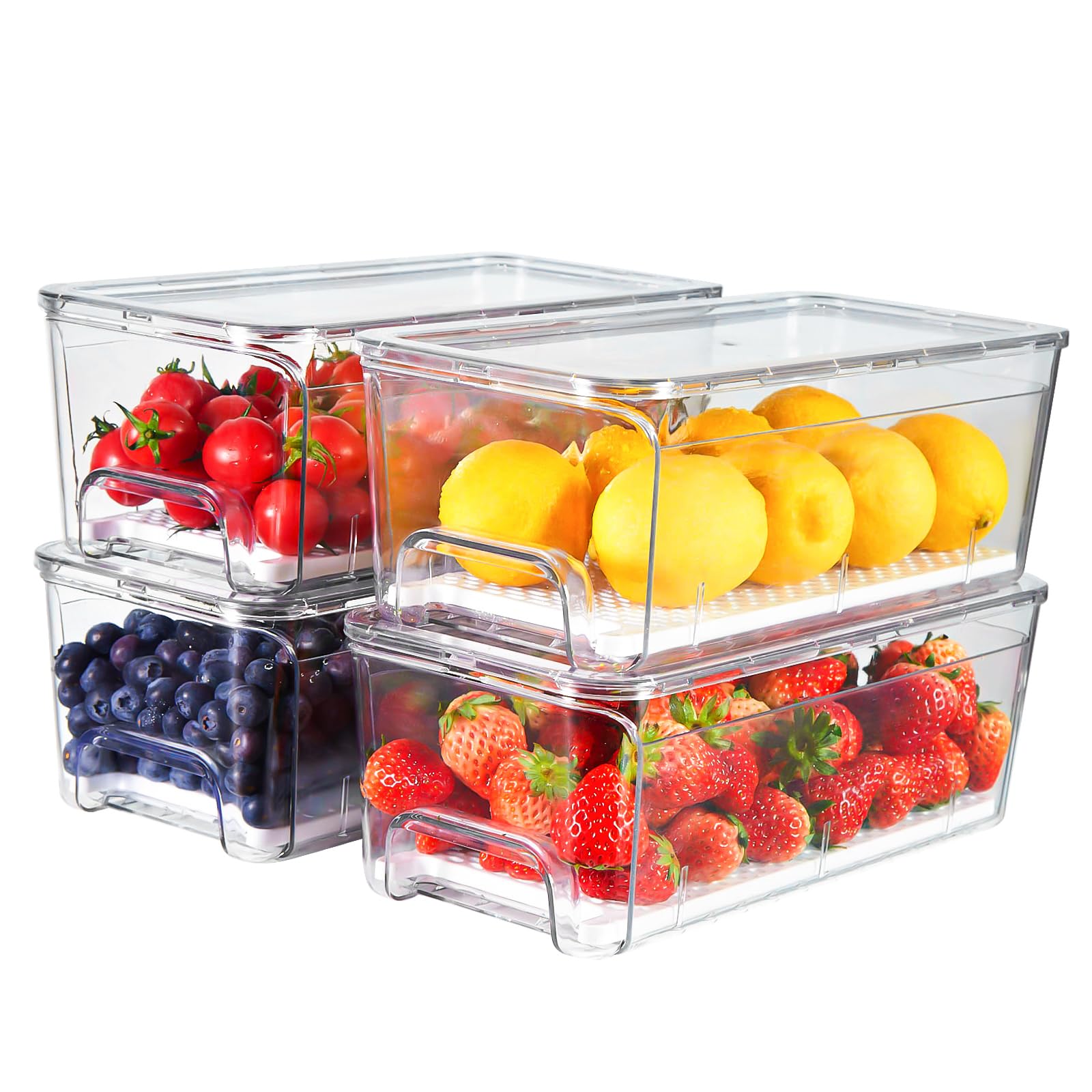 Brippo 4-Pack Refrigerator Drawer Organizer Bins, Clear Stackable Pull Out Fridge Organizers and Storage Container, with Straine
