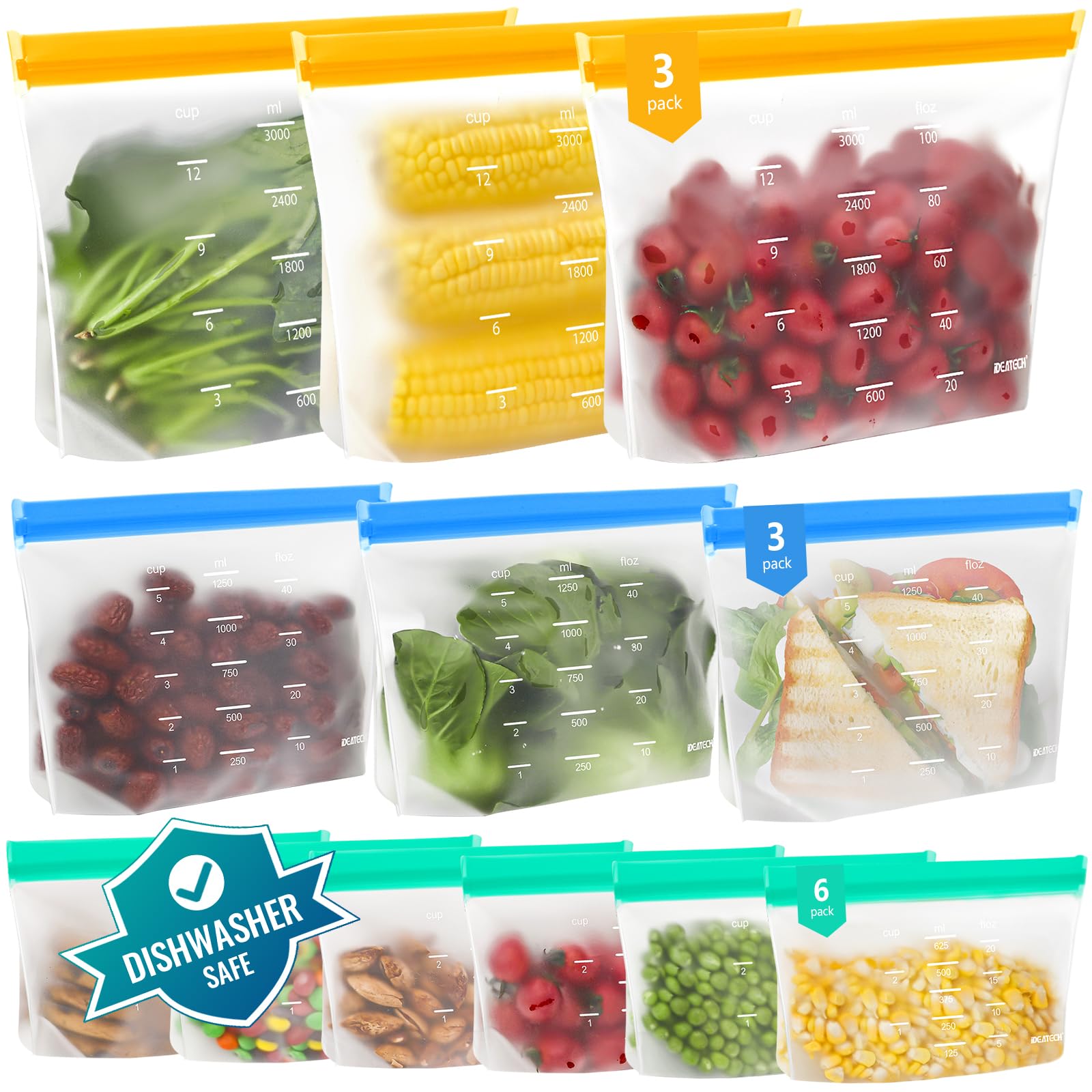 Dishwasher Safe Food Storage Bags Stand Up, 12Pack Reusable Gallon Freezer Bags, Reusable Bags Various Size, Reusable Sandwich B