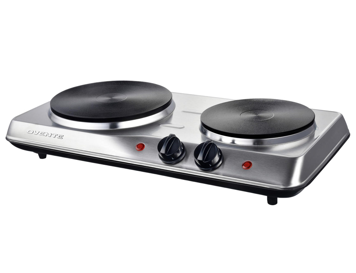 Ovente Electric Countertop Double Burner, 1700W Cooktop With 7.25 And 6.10 Cast Iron Hot Plates, Temperature Control, Portab