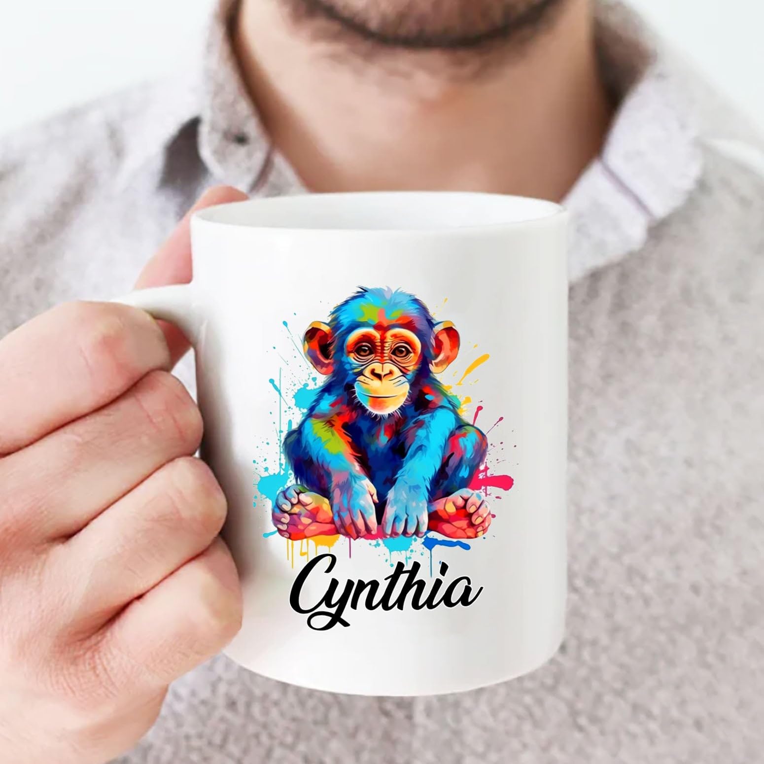 Personalized Monkey Coffee Mug With Choose Name, Customized Monkey Animal Color Coffee Cup 11 Oz 15 Oz, Monkey Lover White Ceram