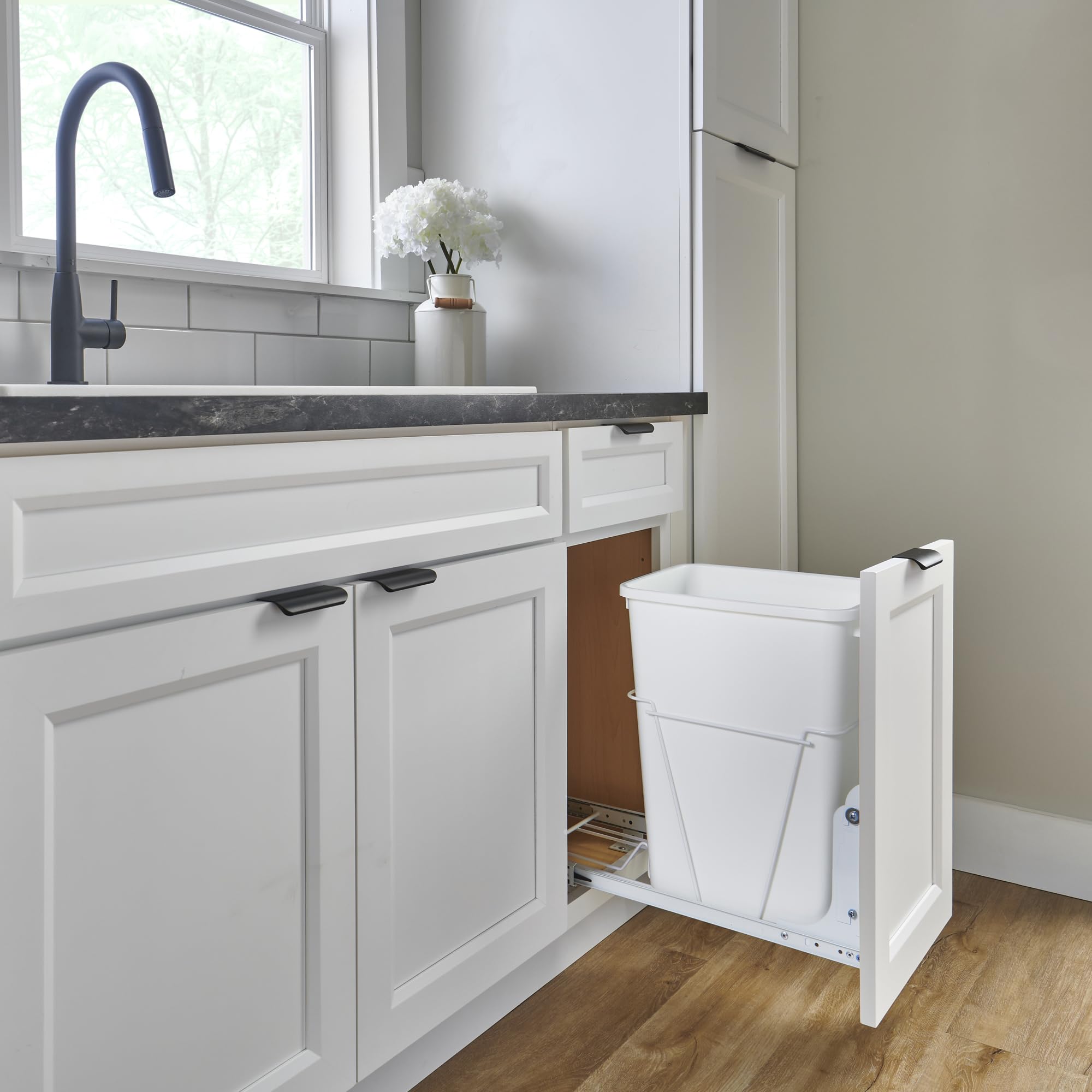 Rev-A-Shelf Single Pull-Out Cabinet Trash Can For Bottom Mount Kitchen 30 Qt Wire Construction With Full-Extension Slides, White