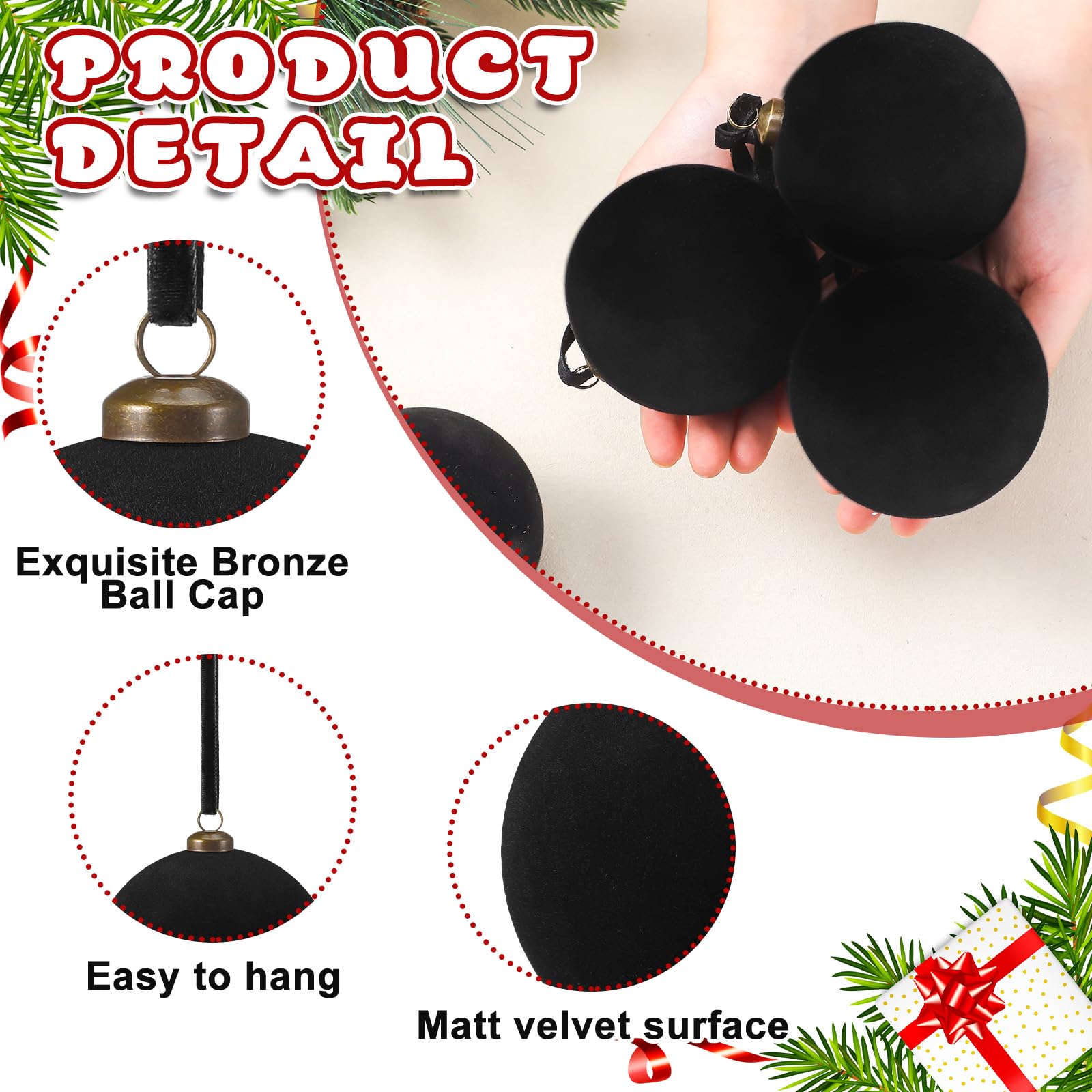 Arrowbash 32 Pcs Black Velvet Christmas Balls Bulk - 3.15 Inch Flocked Christmas Tree Ball Ornaments Xmas Shatterproof Hanging O