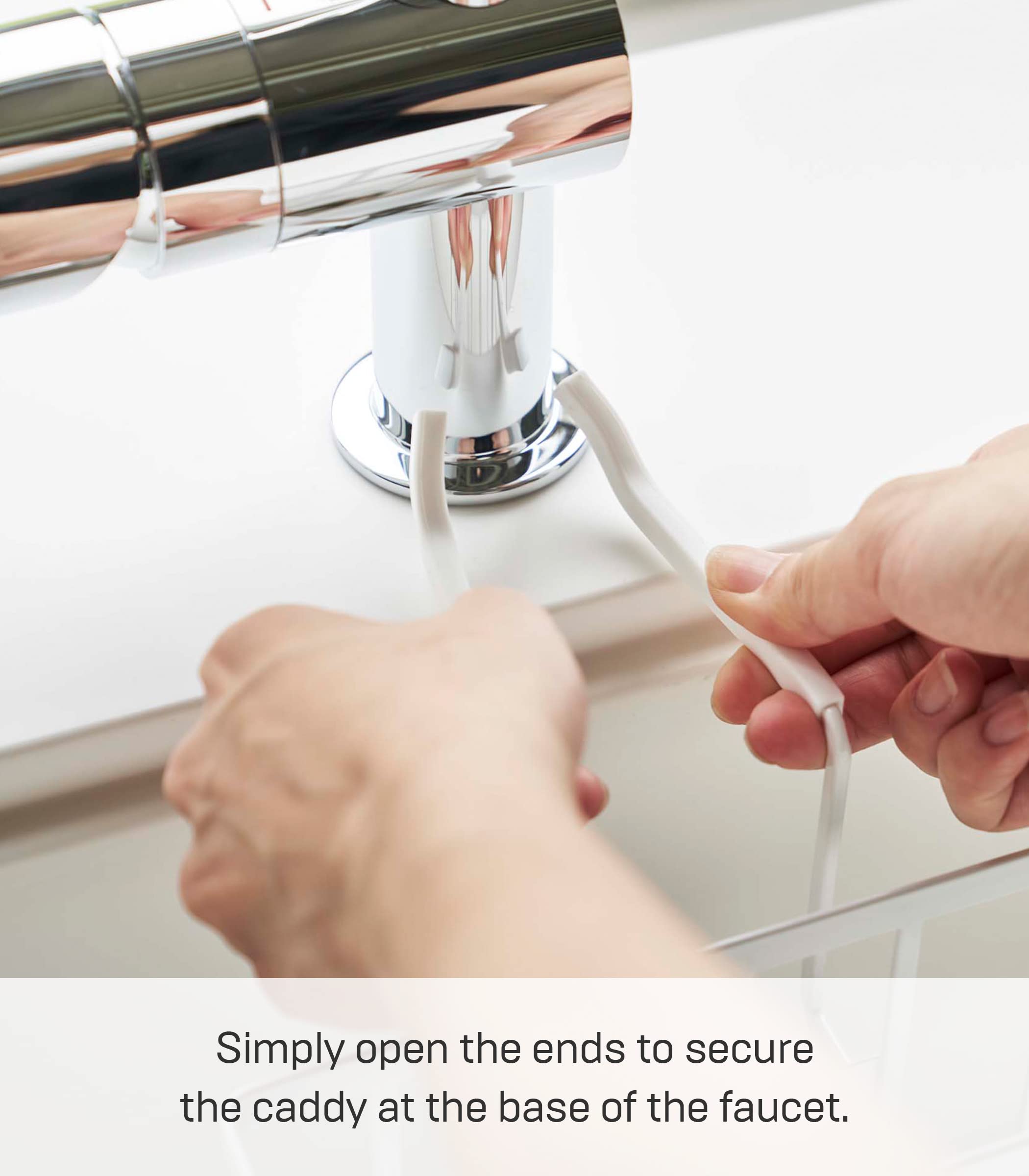 Yamazaki Home Faucet-Hanging Sponge Caddy Kitchen Sink Dish Soap Bottle Brush Scrubber Organizer Holder, Metal With Silicone Pro