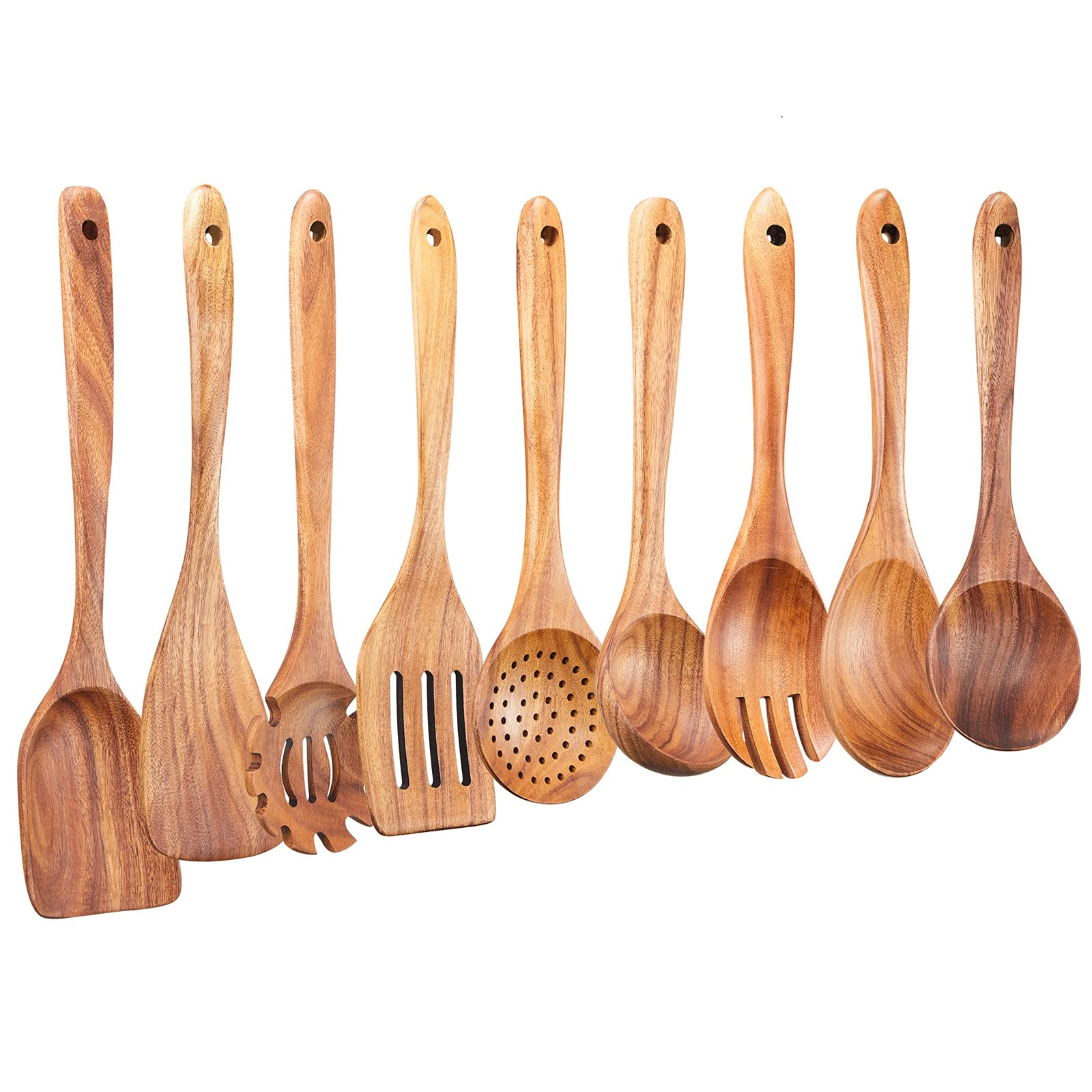 Wooden Kitchen Utensils Set,Gudamaye 9 Pce Natural Teak Wooden Spoons For Non-Stick Pan For Cooking,