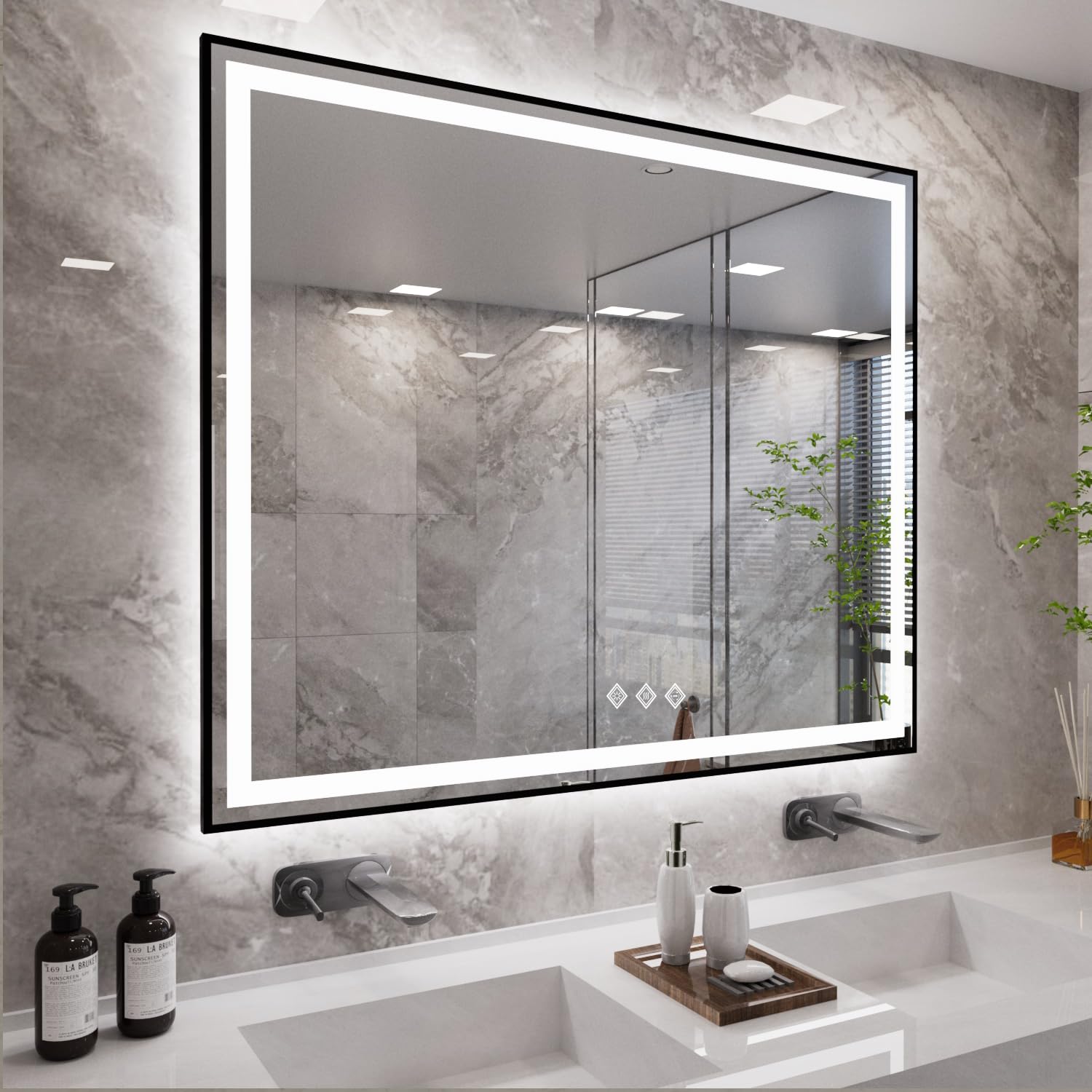 Vanpokins Bathroom Mirror Frame, 48X40 Inch Black Framed Gradient Front And Backlit Led Bathroom Mirror, 3 Colors Dimmable Cri>9