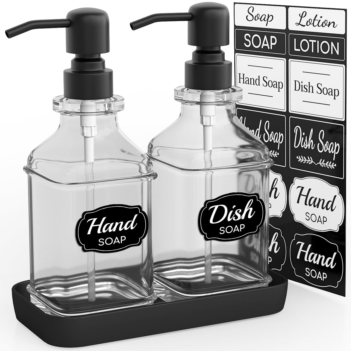 Lmqml Soap Dispenser - 2 Pack, Antique Design Thick Glass Hand Soap Dispensers With Sturdy Tray; 304 Rust Proof Stainless Steel