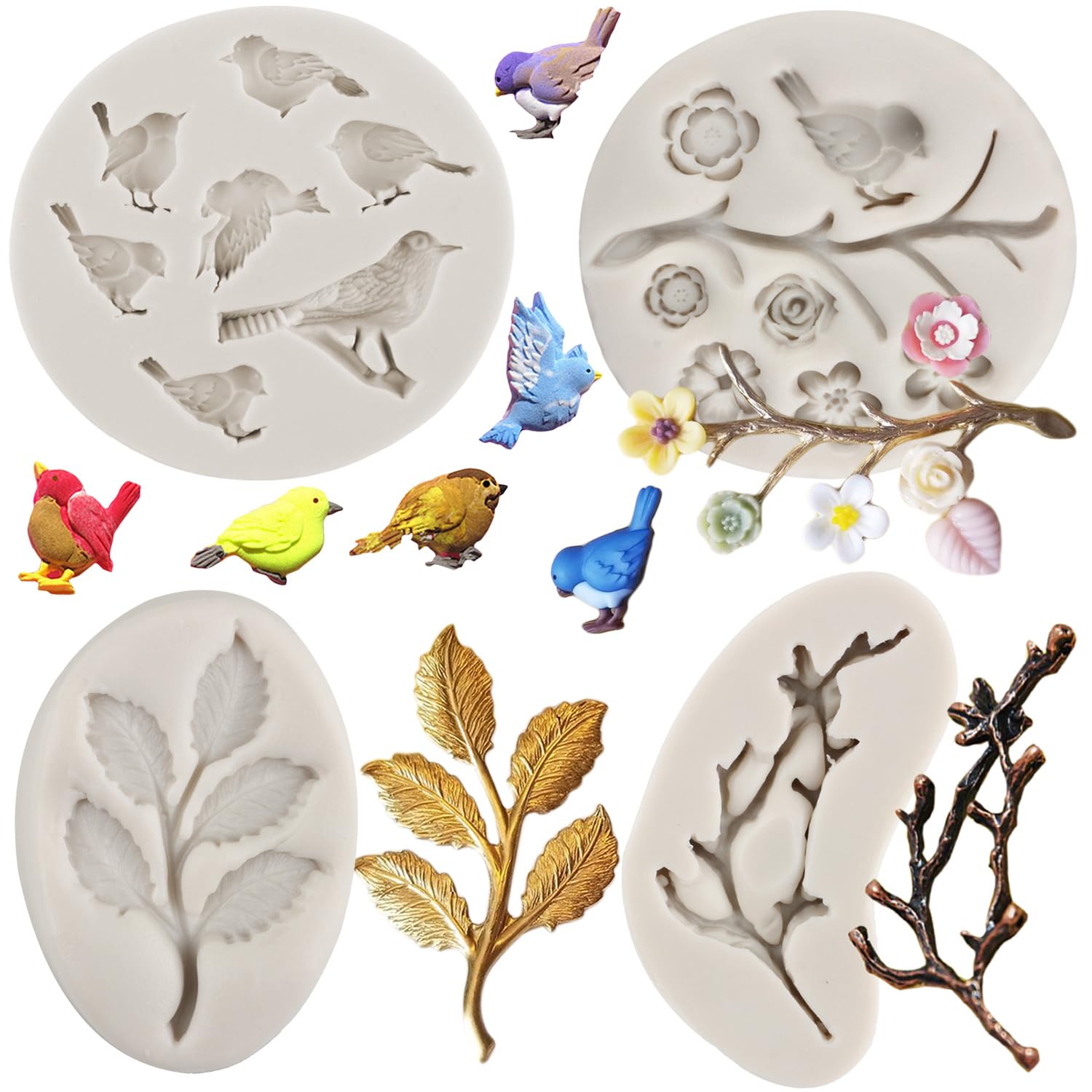 Mypracs Bird Silicone Molds Tree Branch Fondant Mold Flower Leaf Chocolate Mold For Sugar Cake Decoration Cupcake Topper Candy P