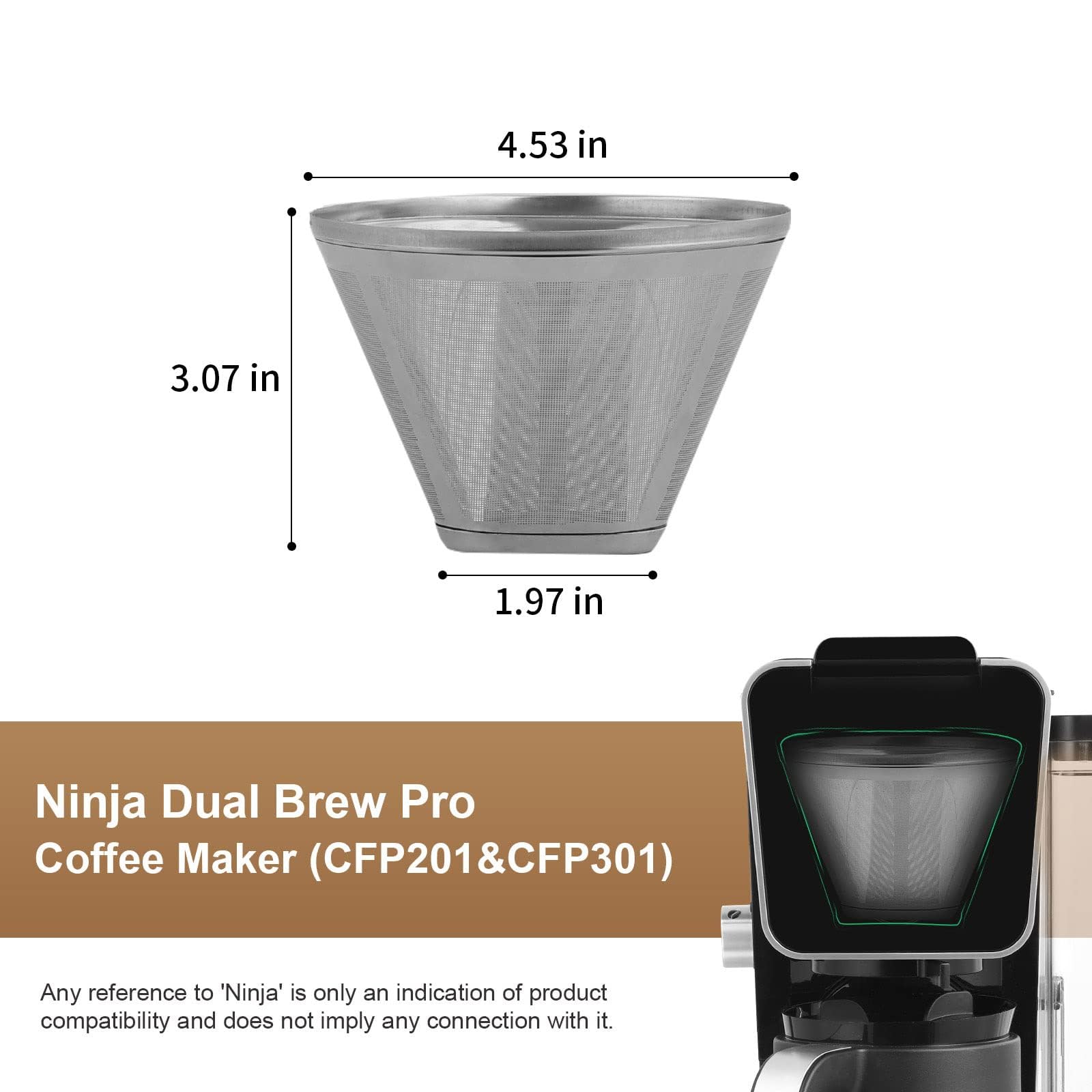Brikinte Reusable Coffee Filter for Ninja DualBrew Pro, 304 Stainless Steel, Compatible with CFP301, Stainless Steel Color