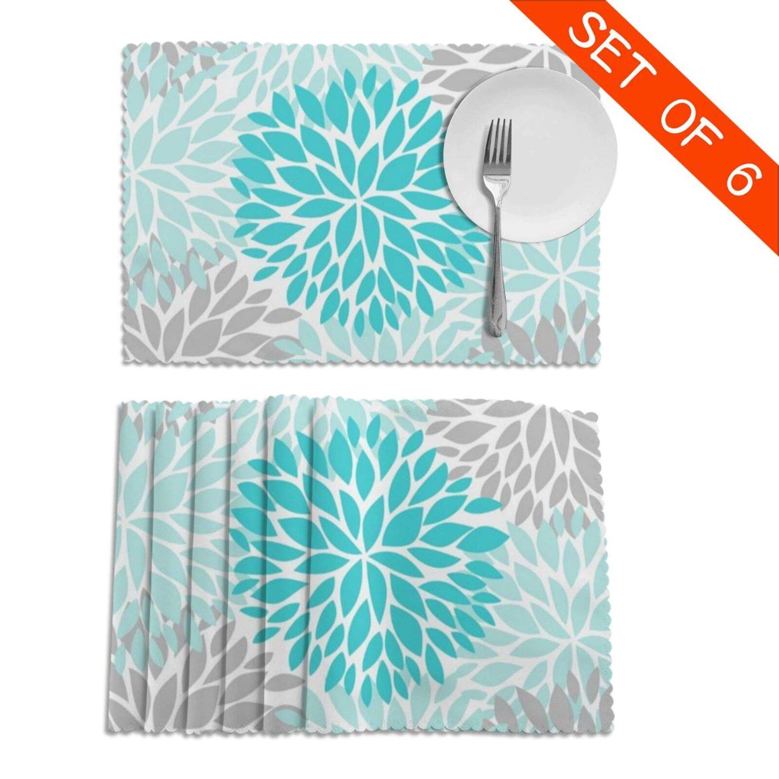 Turquoise Blue And Gray Placemats Set Of 6, Washable Table Place Mats For Kitchen Dining Home 12 X 18 Inch