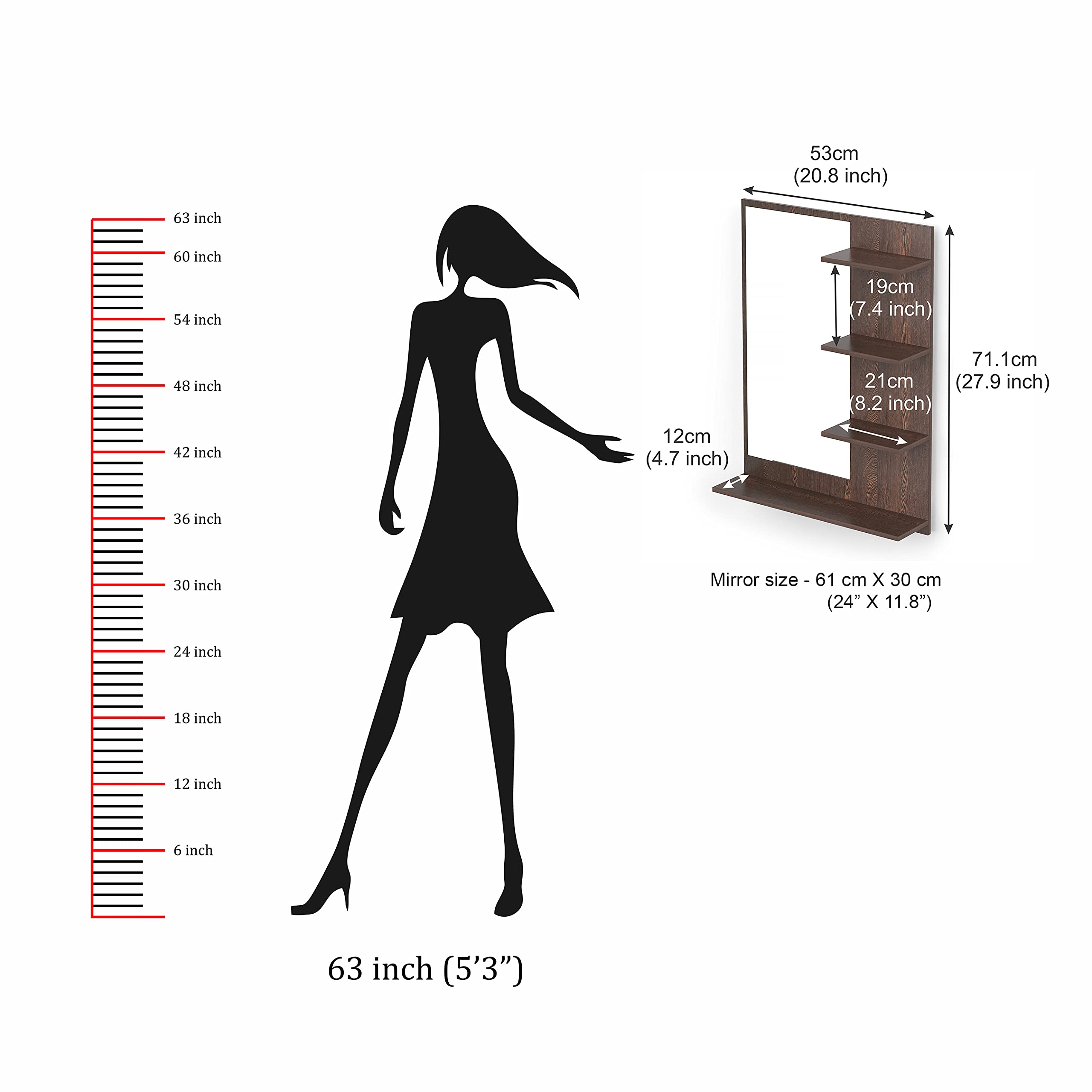 BLUEWUD Rico Mini Engineered Wood Wall Mount Dressing Table Organizer Makeup Vanity with Mirror Storage Shelves for Bedroom Home