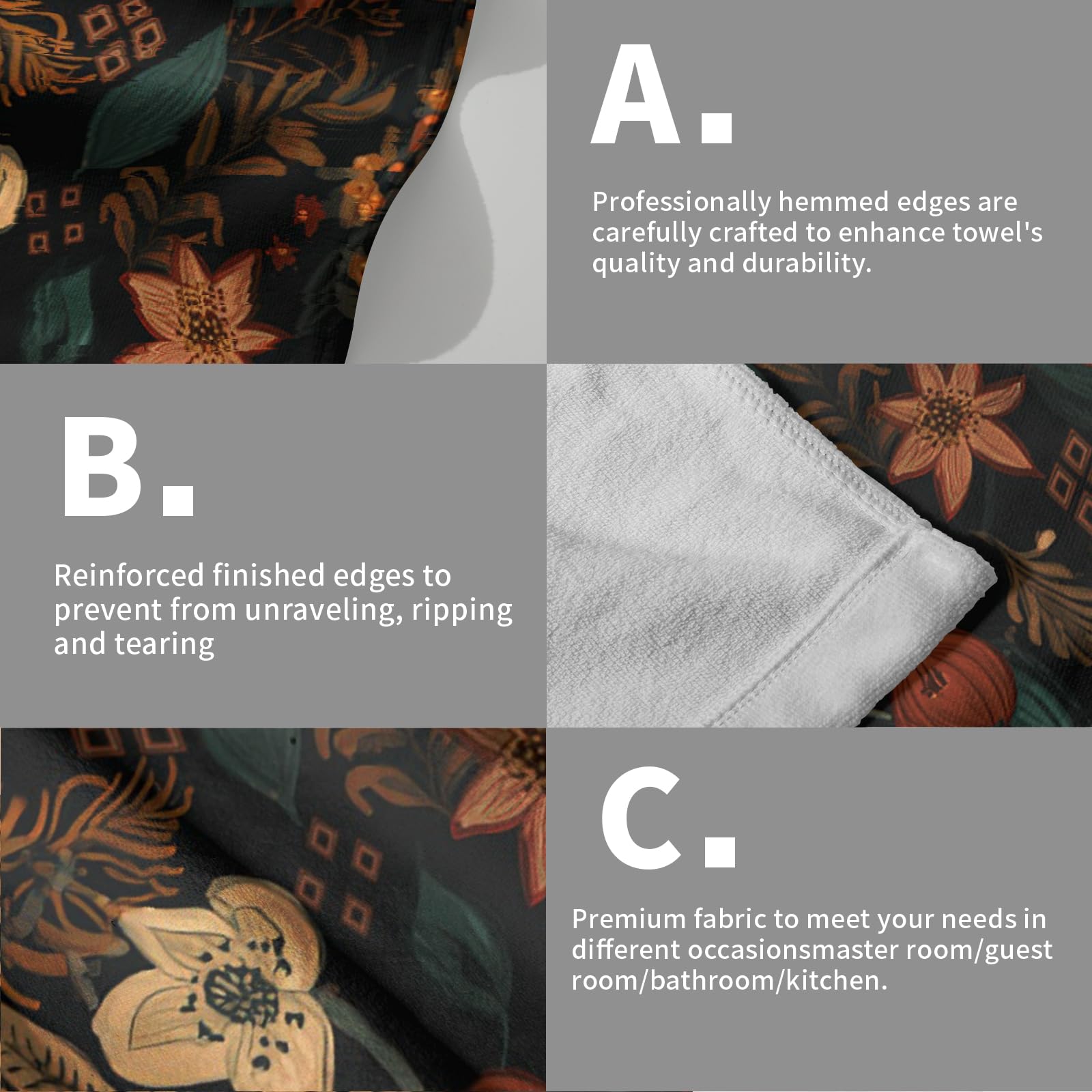 Boho Floral Hand Towels Set Of 2 Black Mid Century Fingertip Towel Absorbent Face Towel Soft Dish Towels For Gym Bath Kitchen Ho