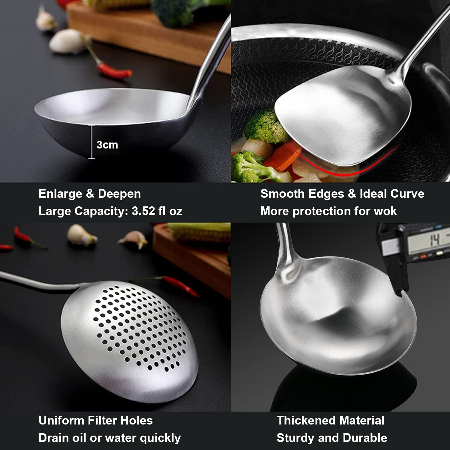Niitawh Stainless Steel Wok Spatula, Wok Utensils For Carbon Steel, Wok Tools Professional Set, 3-Pieces 304 Stainless Steel Coo
