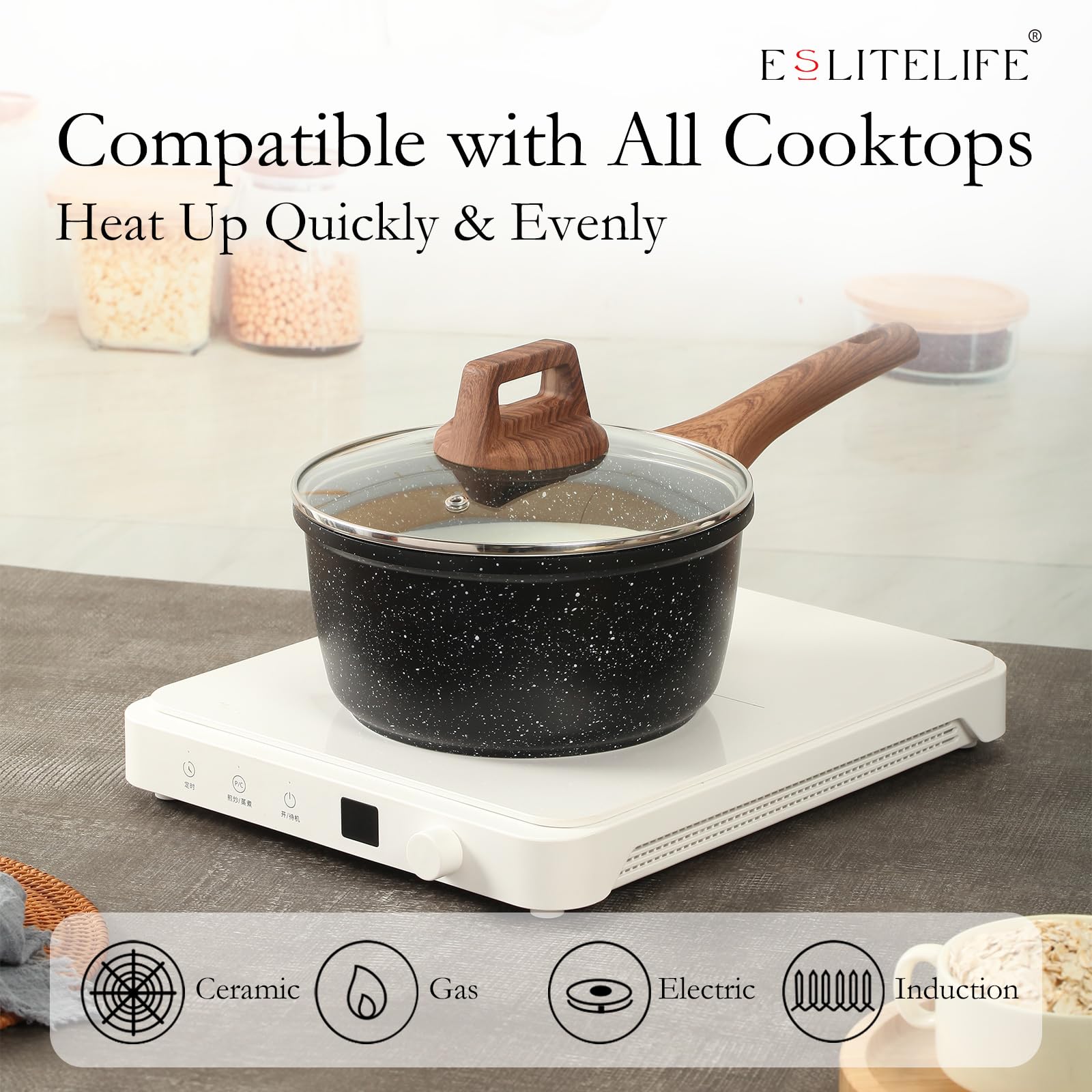 Eslite Life Nonstick Sauce Pan With Lid, 2.5 Qt Small Soup Pot Compatible With All Stovetops (Gas, Electric & Induction), Pfoa F