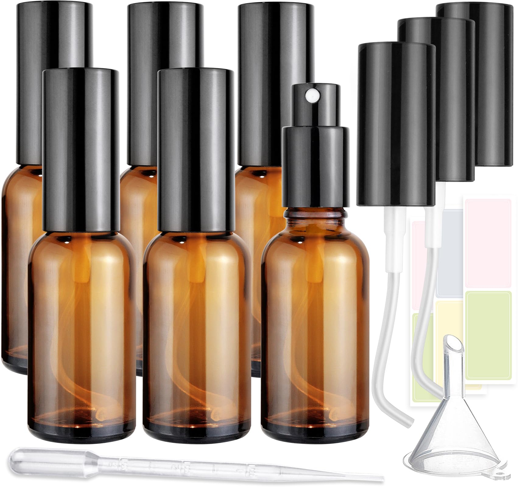 6-Pack 1oz/30ml Amber Glass Spray Bottles for Fine Mist | with 2 Extra Nozzles, Refillable Essential Oil, Toner, Hair Care & Cle