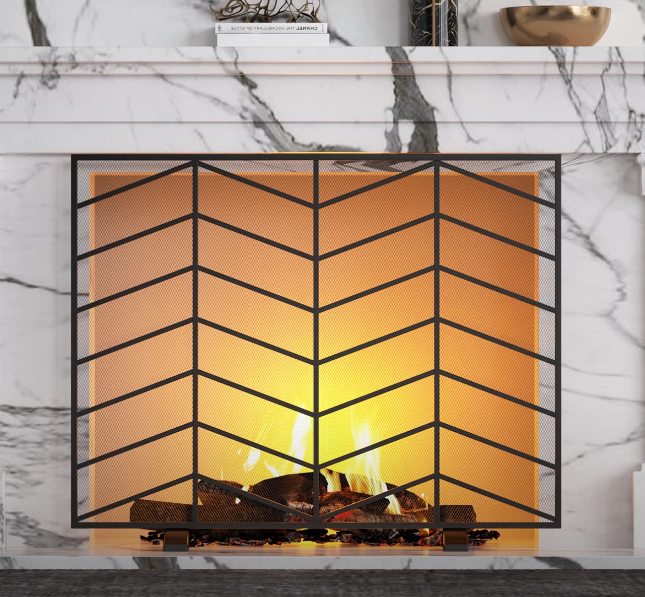Fire Beauty Single Panel Handcrafted Wrought Iron Mesh Chevron Fireplace Screen, Fire Spark Guard for Living Room, Bedroom Decor