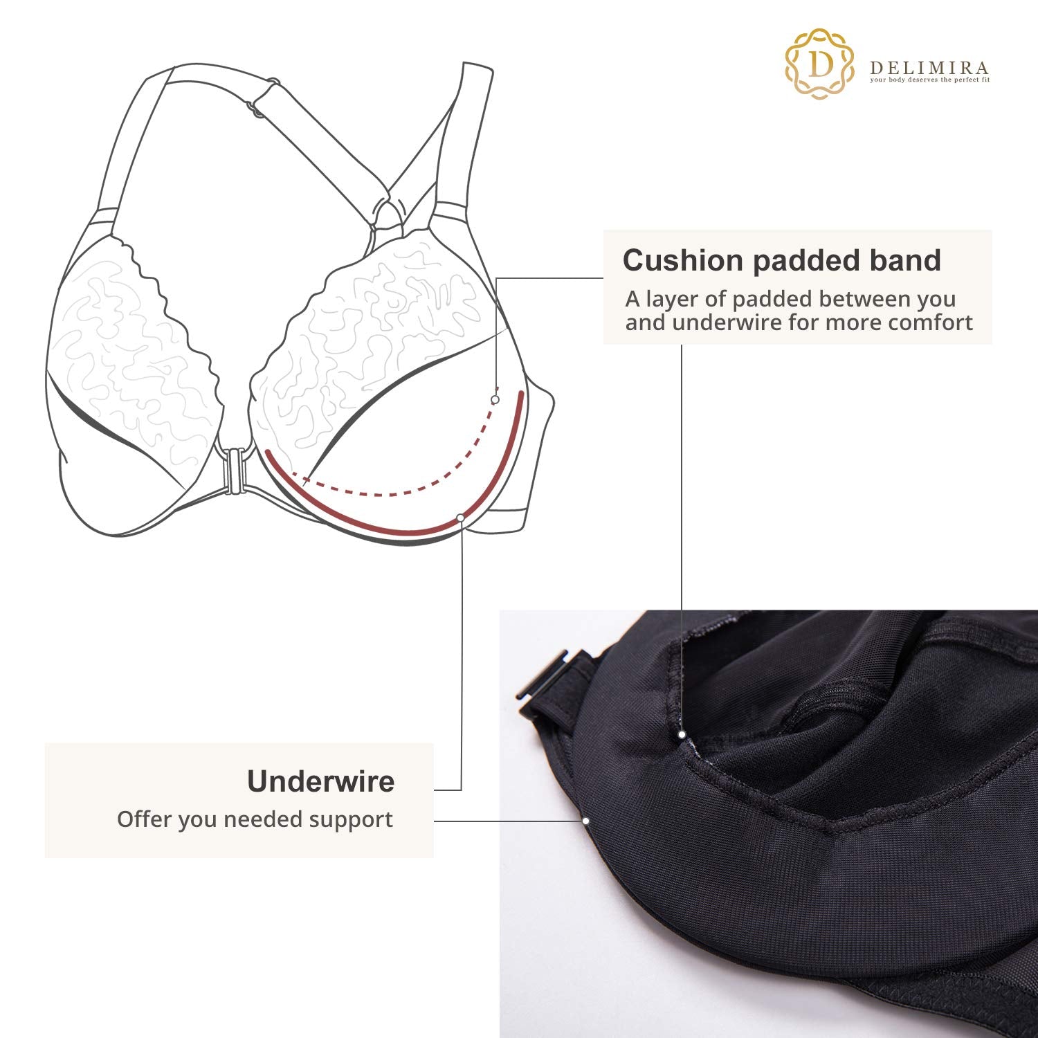 Delimira Womens Front Closure Plus Size Full Coverage Lace Underwire Racerback Bra Black 34E
