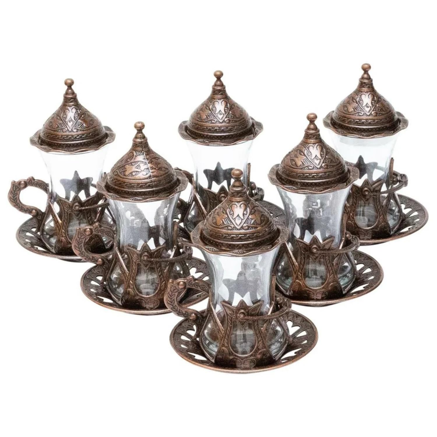 Alisveristime (Set Of 6 Handmade Turkish Tea Water Zamzam Serving Set Glasses Saucer And Spoon (Copper)