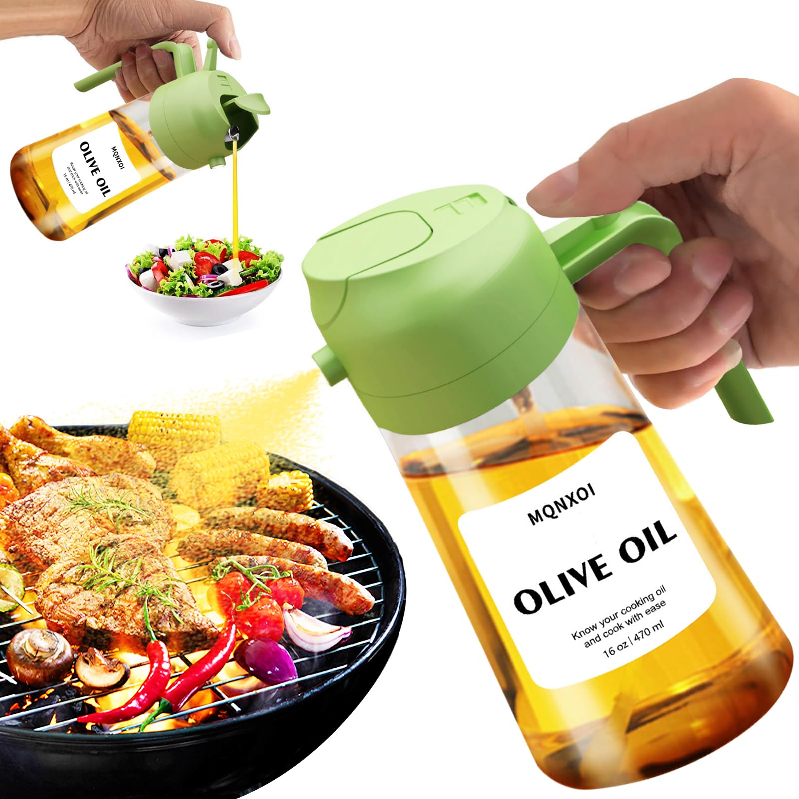 2 in 1 Glass Oil Sprayer & Dispenser,16oz/470ml Olive Cooking, Air Fryer, and Salad, for Kitchen Gadgets and Air Fryer Accessori