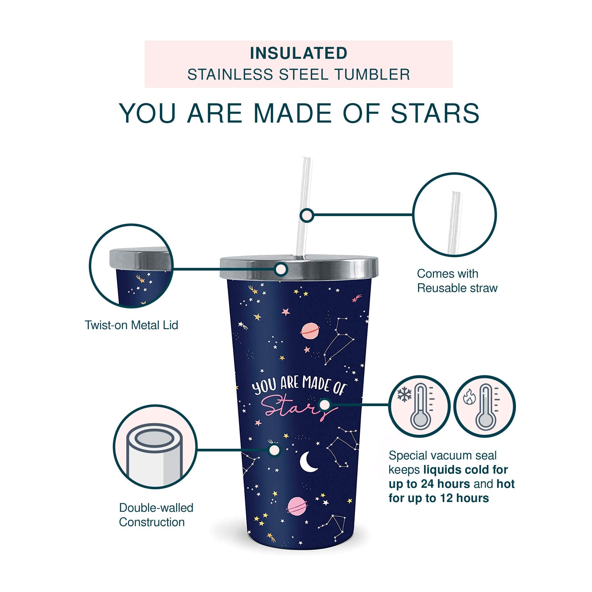 Studio Oh! Insulated Stainless Steel Water Tumbler With Straw You Are Made Of Stars - 17-Ounce Travel-Friendly Thermal Cup With