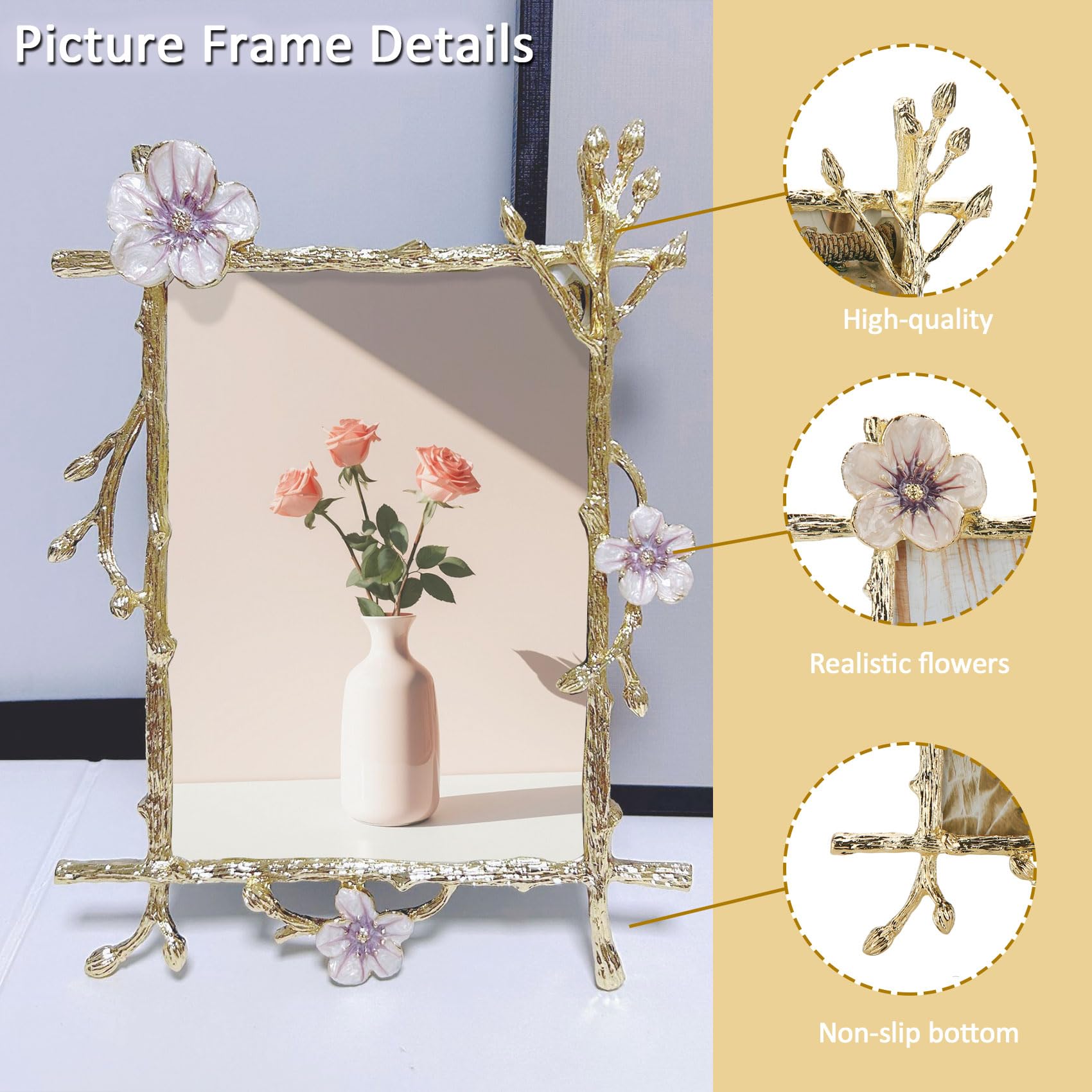 Goutangen 4x6 Gold Picture Frame Decor Ornate Pink Floral Metal Photo Frames with High Definition Glass Front, Art Decor Tableto